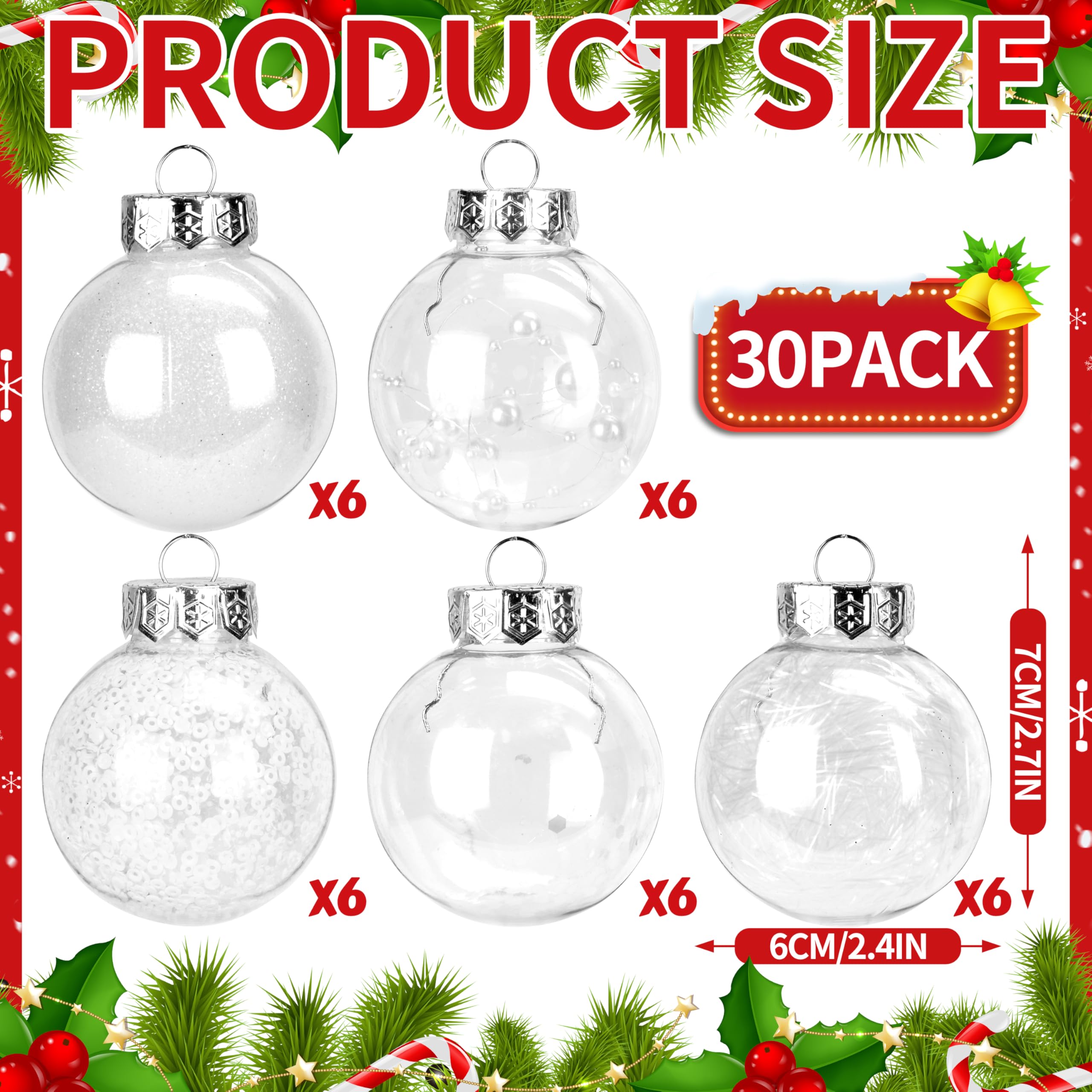 30 adornos de bola de Navidad transparentes de 2.4 pulgadas, adornos decorativos inastillables para colgar con decoraciones delicadas para árbol de Navidad, decoración de fiesta interior de vacaciones