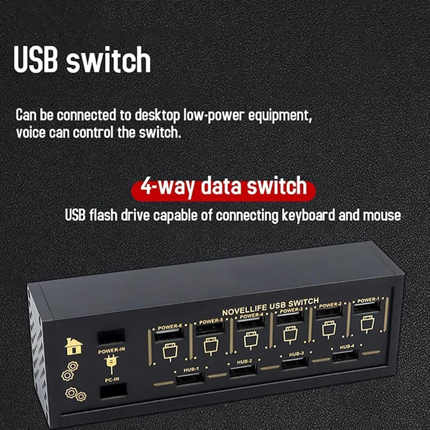 6-portowy rozdzielacz USB-c, 6-portowy przełącznik USB z niezależnym sterowaniem, funkcją sterowania głosem, 9 wygodnych portów USB wejściowych, do telefonów, tabletów i urządzeń.