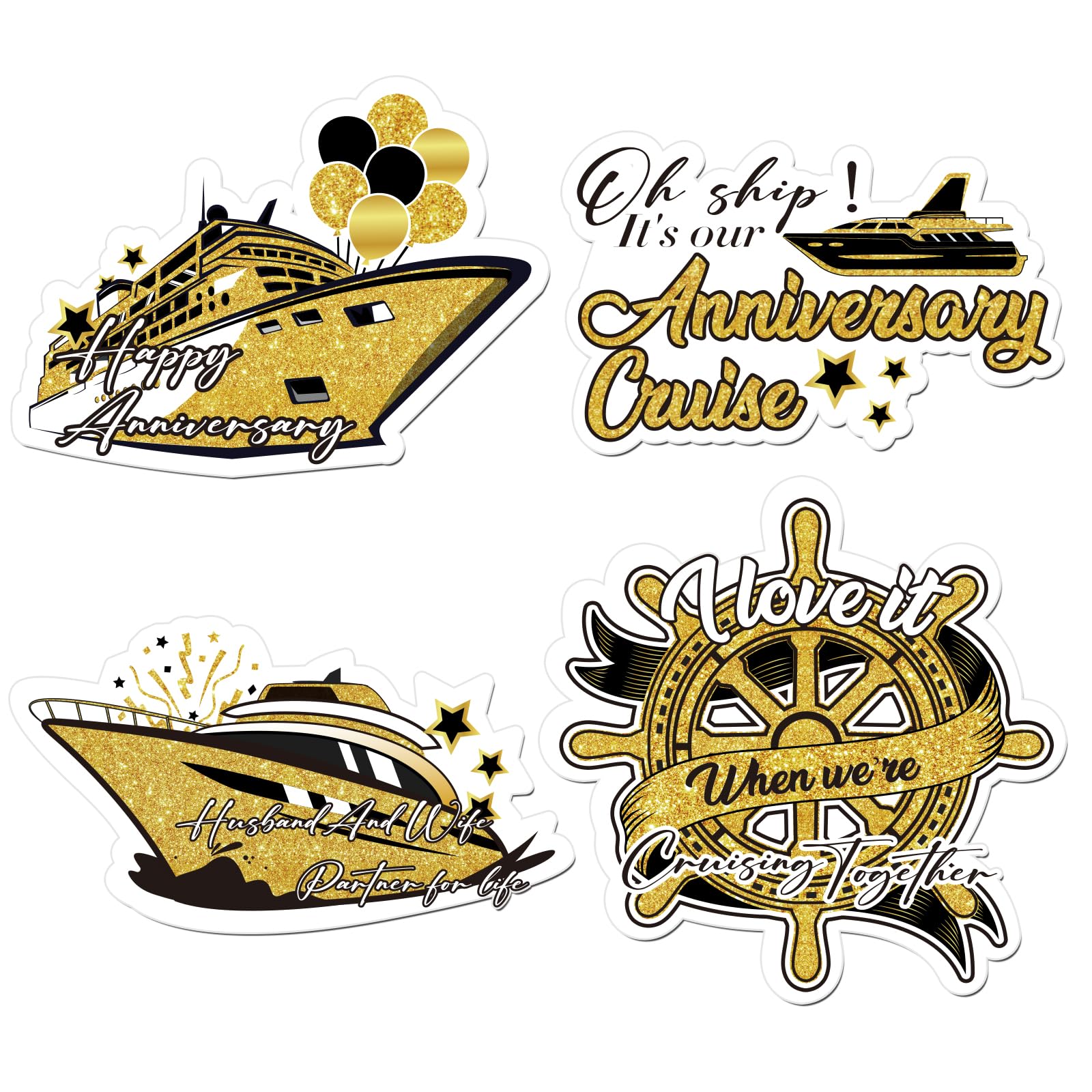 4 Pcs Happy Anniversary Cruise Door Magnets Decorations Black Gold Anniversary Cruise Ship Magnets Anniversary Refrigerator Magnets Sticker for