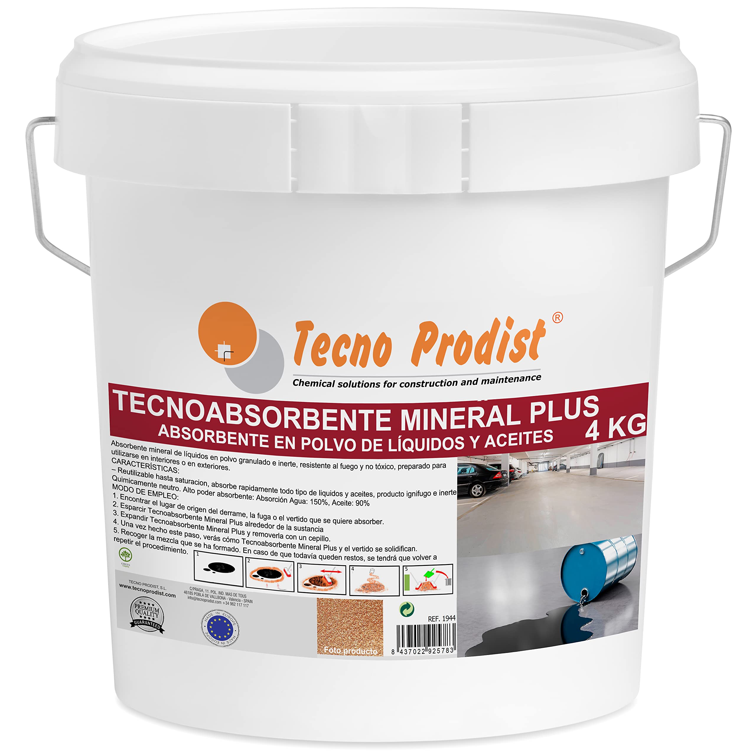TECNO ABSORBENT MINERAL PLUS di TECNO PRODIST (4 kg) Controllo delle fuoriuscite, assorbimento superiore alla Sepiolite, Assorbente olio, acqua, idrocarburi, solventi, interni ed esterni, ignifugo