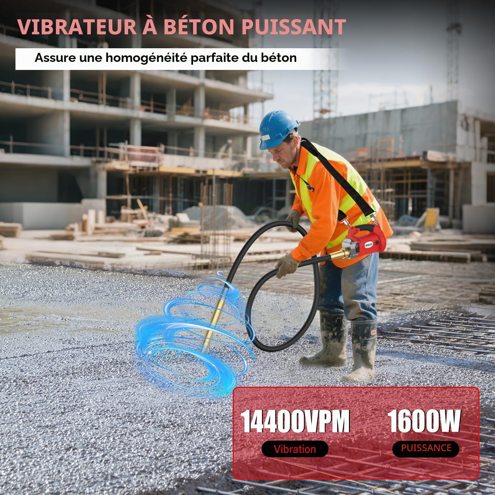 IMAYCC1600W Vibrateur en Béton avec Sangle de suspension réglable,Vibrateur de Construction Electrique 5000 tr/min,Longueur de Cuivre Tige Vibrante 2M,Diamètre de l'arbre de Vibration 38mm