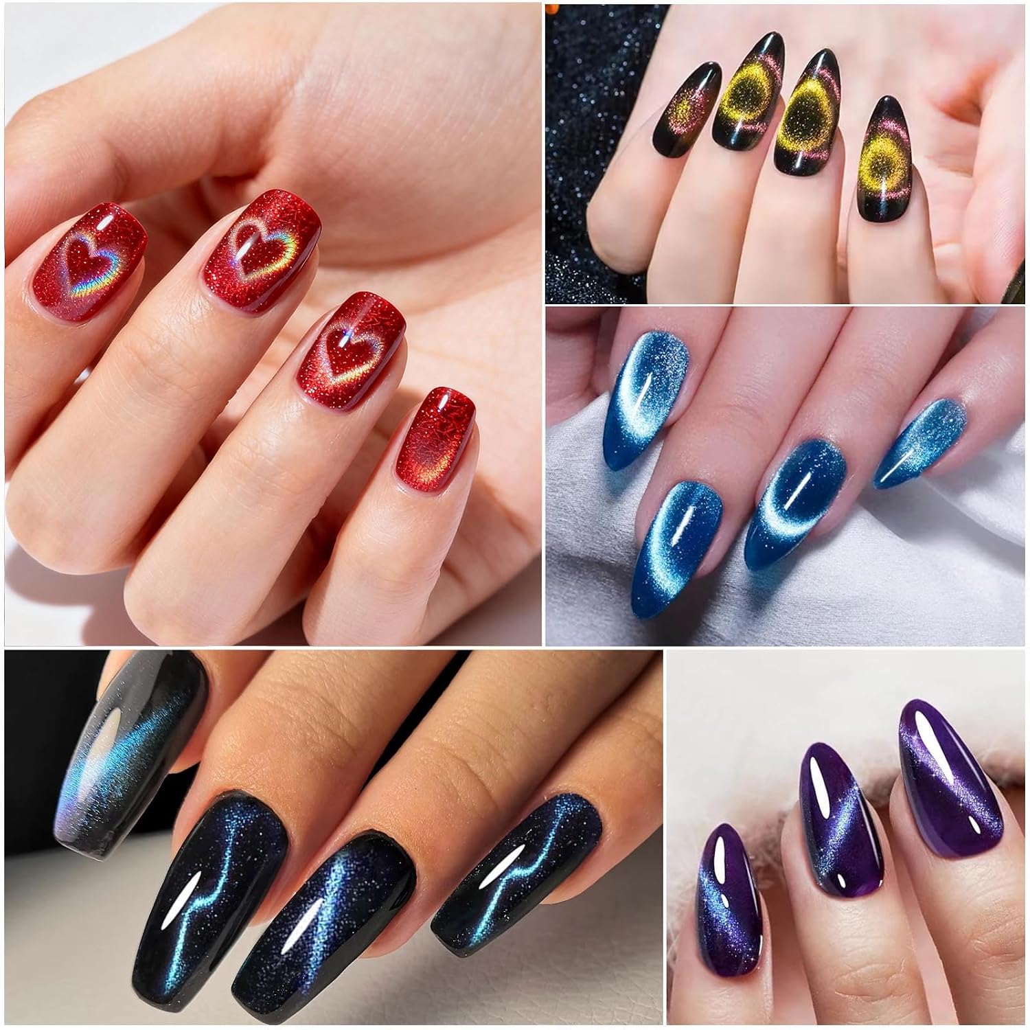 WOKOTO 9 PCS Cat Eye Magnets With 3 Steel Stencils Set For Nails, Heart Cateye Powerful 3 In 1 Nail Magnet Pen Square Double Head Round Magnets Tool Glassy Moon French Flower Cat Eye Effect Manicure