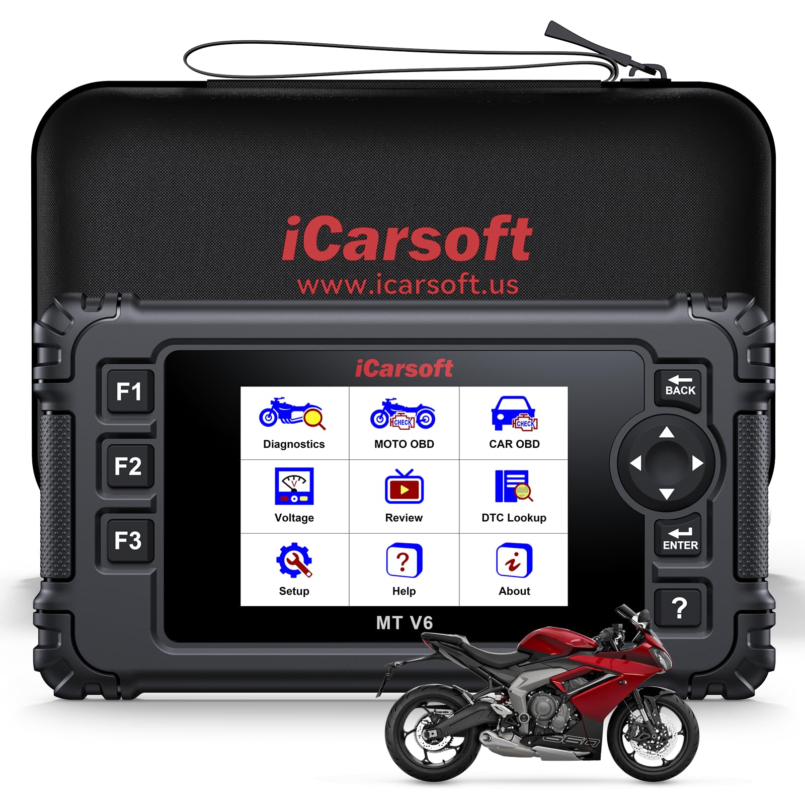 iCarsoft MT V6 - Scanner diagnostico per moto Triumph, lettore di codici OBD2, diagnostica completa del sistema, 58 servizi di manutenzione, 55 test bidirezionali, lettura/cancellazione dei codici di