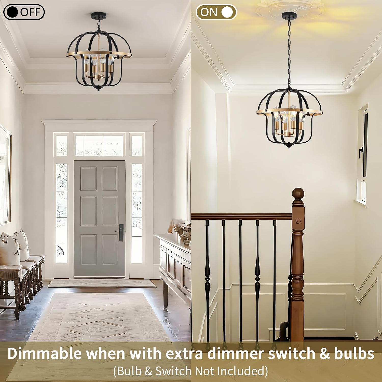 19.7'' Black and Gold Dining Room Light Fixture, 4 Light Modern Farmhouse Industrial Chandelier Rustic Geometric Hanging Pendant Light Fixture for Kitchen Living Room Entryway Hallway
