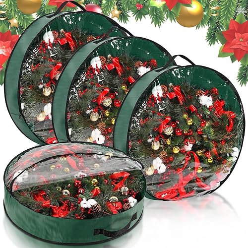 4 cajas de almacenamiento de coronas de Navidad, bolsas de plástico de almacenamiento de coronas de Navidad con ventana transparente y asa,