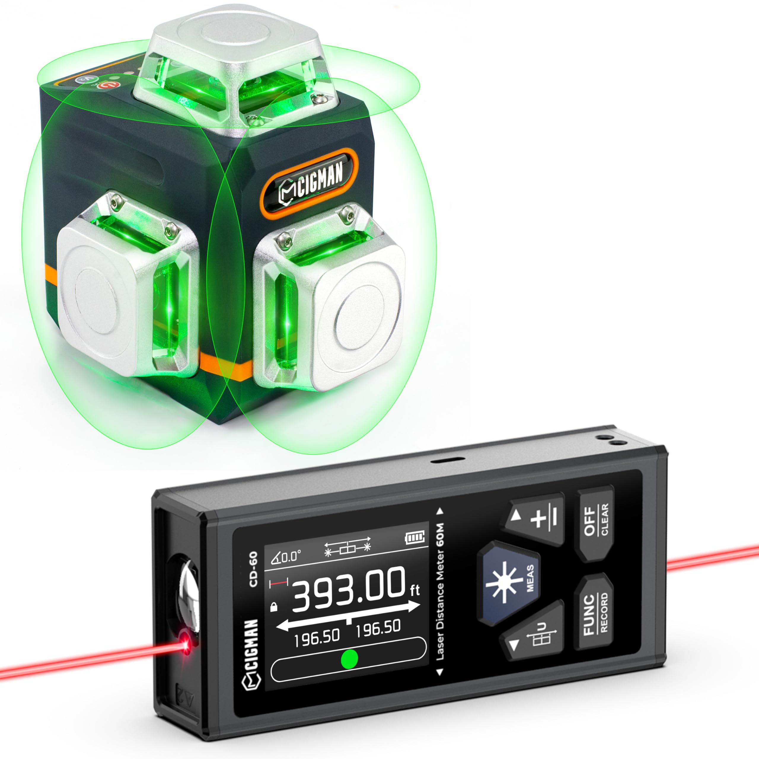 Laser Level Self Leveling 3x360° 3D Green Cross Line & Dual Laser Distance Meter 393ft/120M - Complete Construction and Measurement Kit with Rechargeable Battery, Remote Controller, and Magnetic Rotat