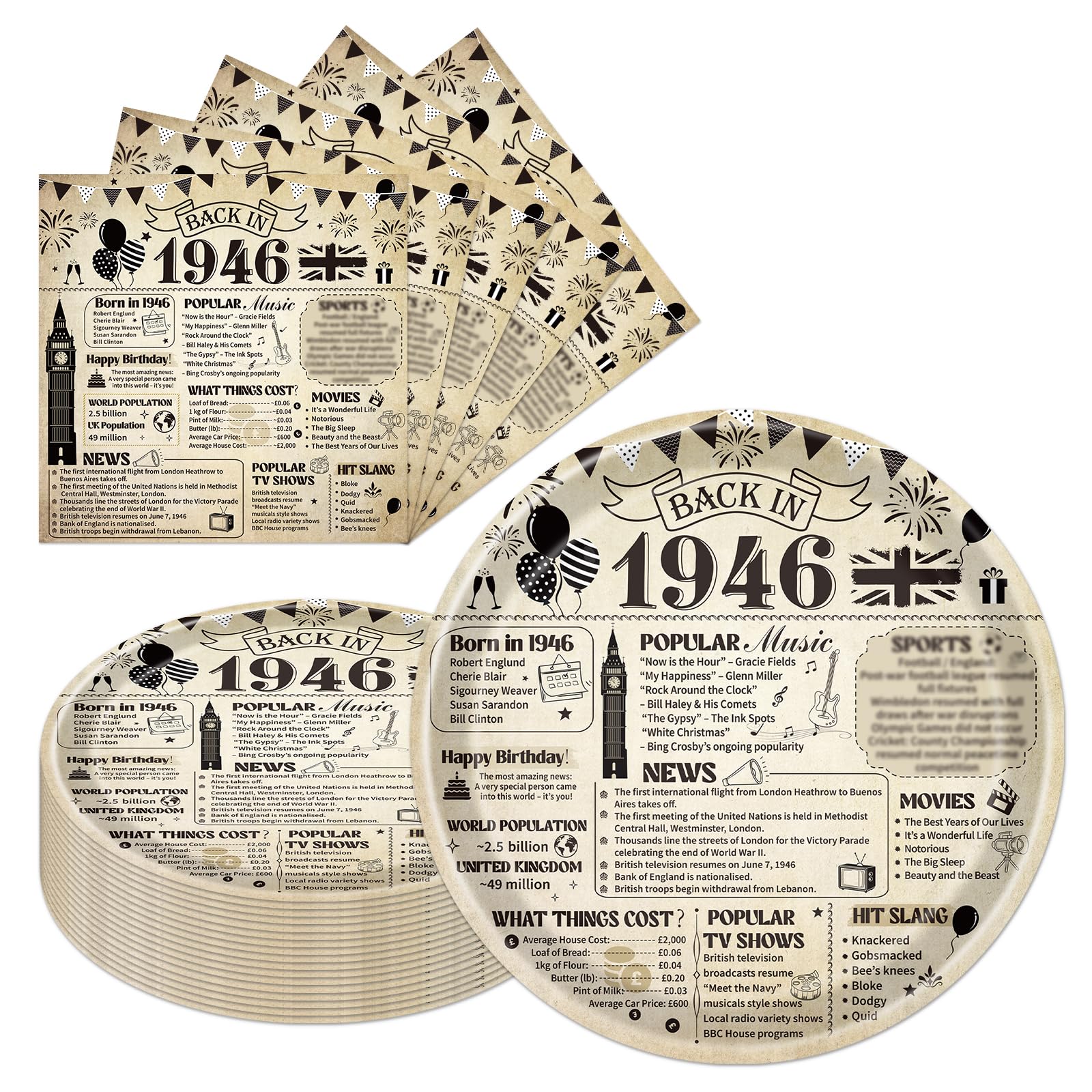 Eiapadeor 80th Birthday Decorations Tableware Set - 50 Pcs 80th Birthday Party Plates and Napkins Vintage Back in 1946 Disposable Plates Set for Women Men Him Her 80 Year Old Party Supplies