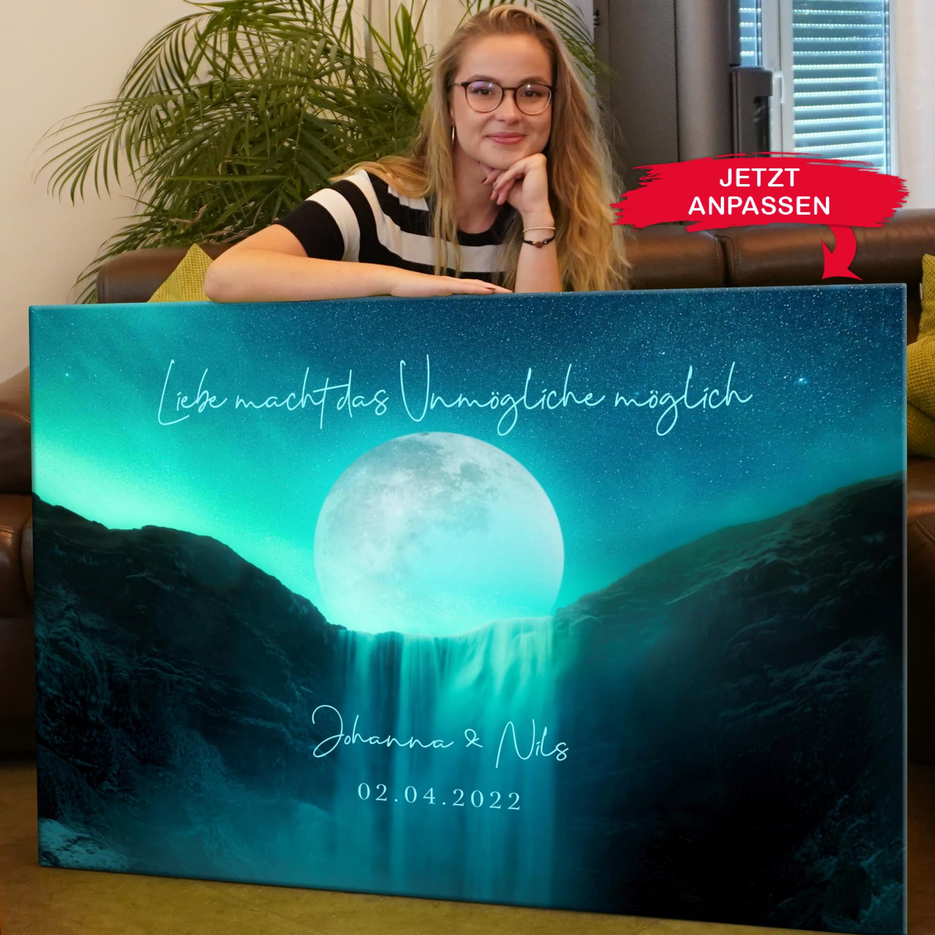 Liebesleinwand Leinwand personalisiert Mond der Liebe | Geschenk für sie oder ihn zum Jahrestag, Verlobung, Hochzeitstag | Leinwandbild gestalten mit Namen und Datum