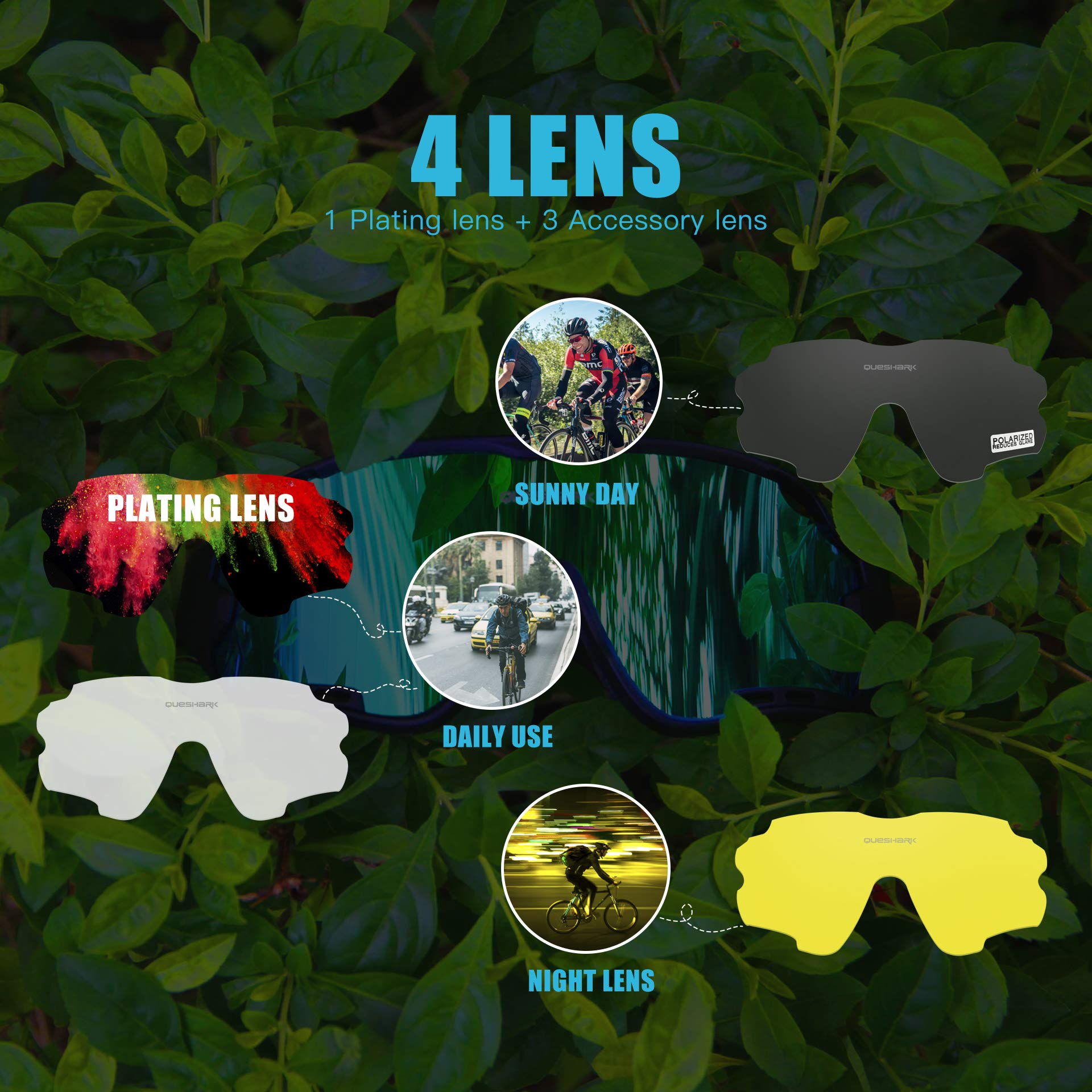 Queshark Polarizzati Occhiali Ciclismo con 4 Lenti Intercambiabili Occhiali Bici Occhiali Sportivi da Sole Anti UV da Uomo Donna per Corsa,MTB
