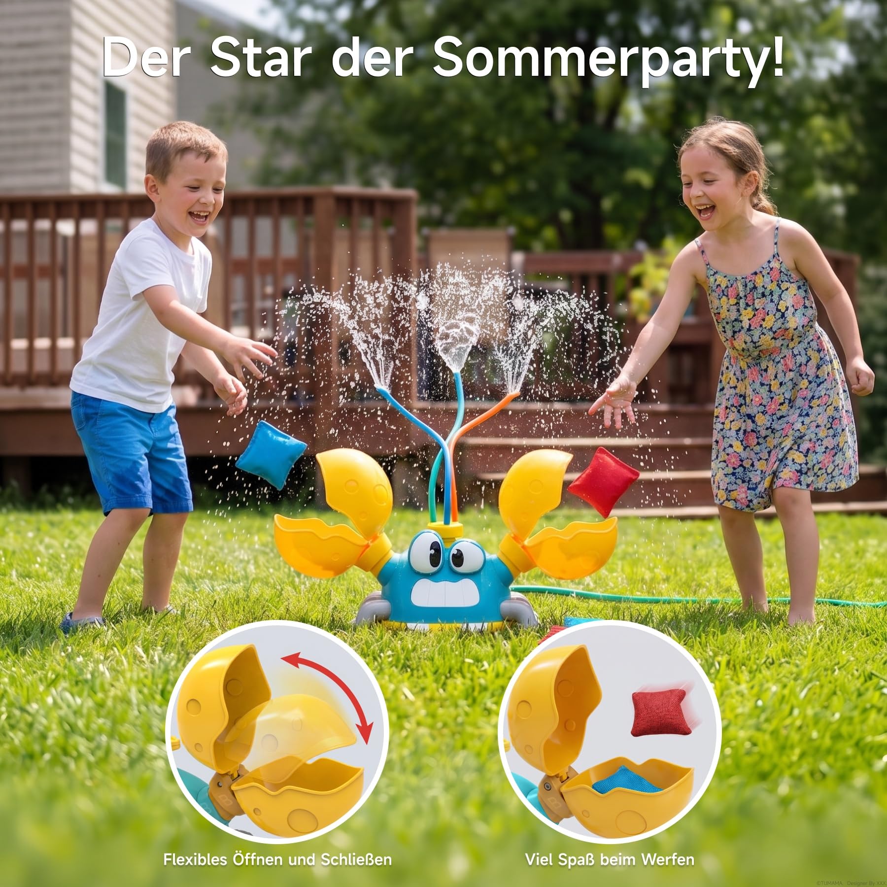 Kinder Wassersprinkler Krabbe mit Cornhole Säcken & Wasserspaß | Drei Sprinkler-Modi, interaktives Säckchen Wurfspiel, perfektes Outdoor Wasserspielzeug für Kinder im Garten.