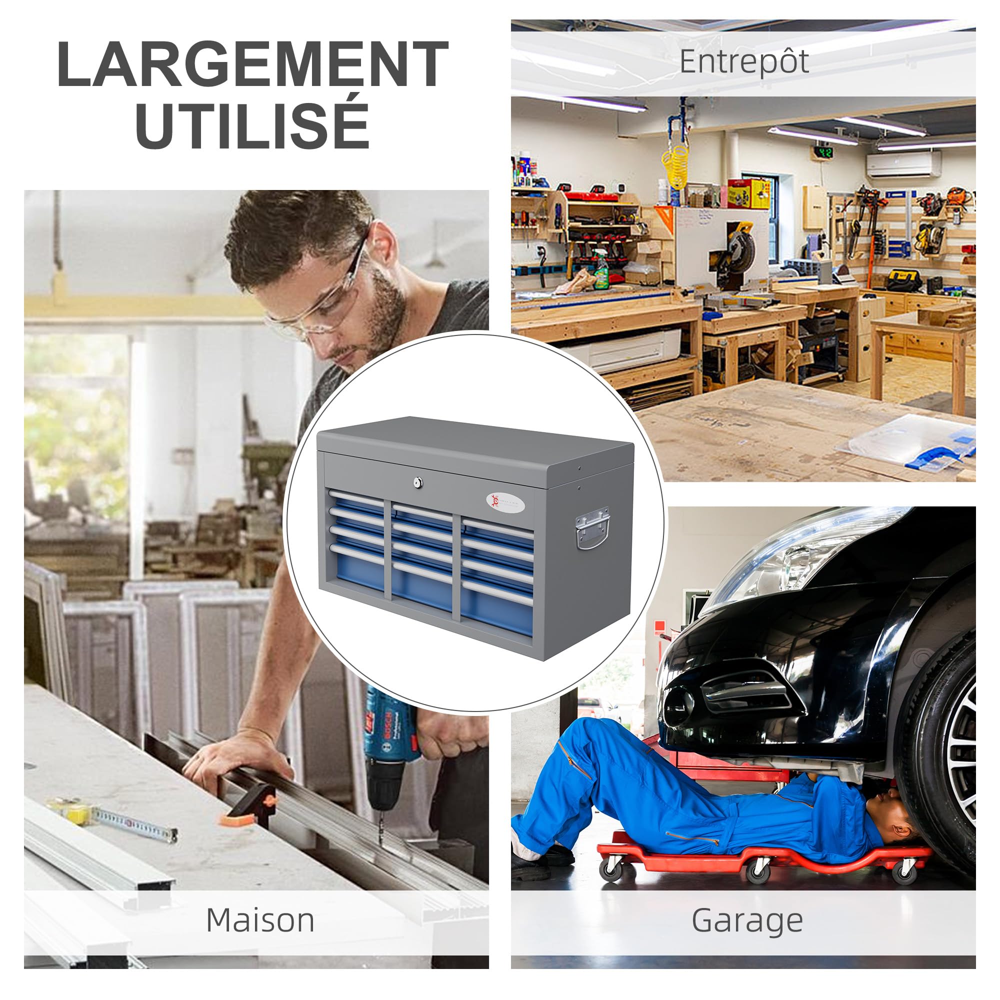 DURHAND Caisse Boite à Outils en métal avec 6 tiroirs et 1 Plateau supérieur, verrouillable avec 2 clés fournies, 2 poignées, Bleu