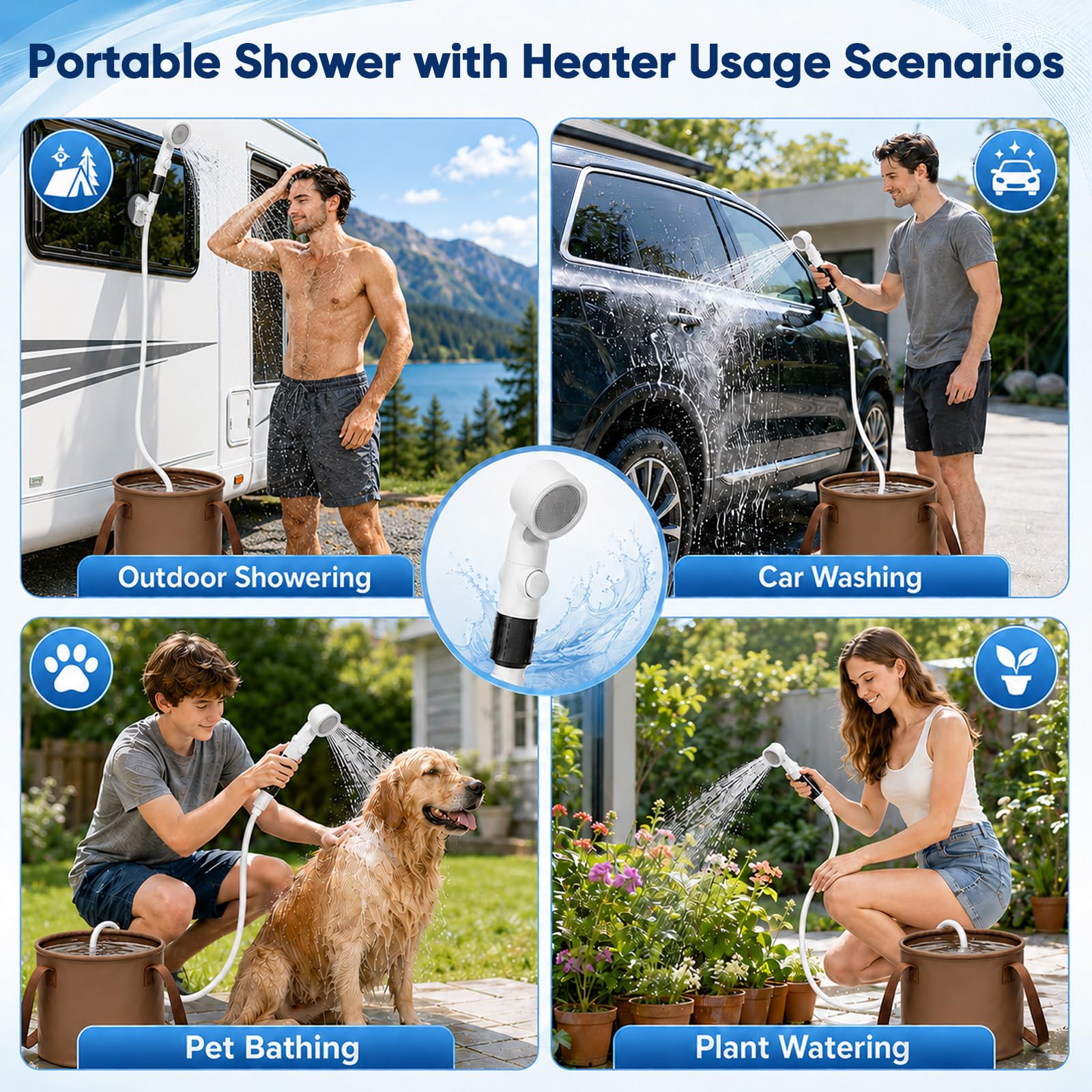 Douche de camping avec tige chauffante, douche d'extérieur avec pompe batterie 5200 mAh, kit pompe de douche avec fonction chauffage et réservoir d'eau de 20 l, pompe de camping pour voyage
