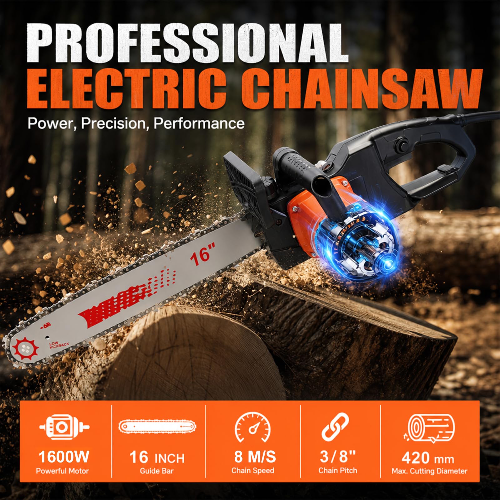 16 Pulgadas Motosierra Eléctrica con Cable 1600W, Velocidad de Corte 8m/s