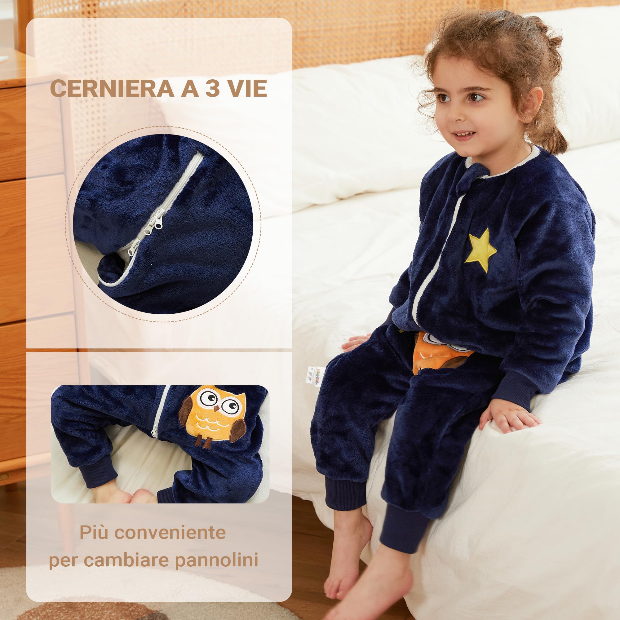XQ&XG Sacco Nanna con piedini, Bambini Sacco Nanna con gambe 2.0 TOG, Flanella Sacco a pelo a maniche lunghe, Gufo, 80