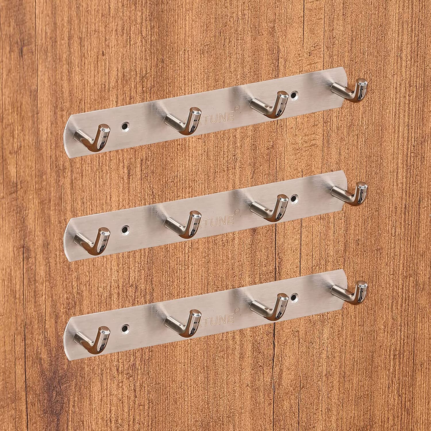 FORTUNE Premium Hook Plate/Hook Patti Stainless Steel Coat Bath Towel Hook Hanger Rail Bar - 4 Hooks, (Pack of 3)