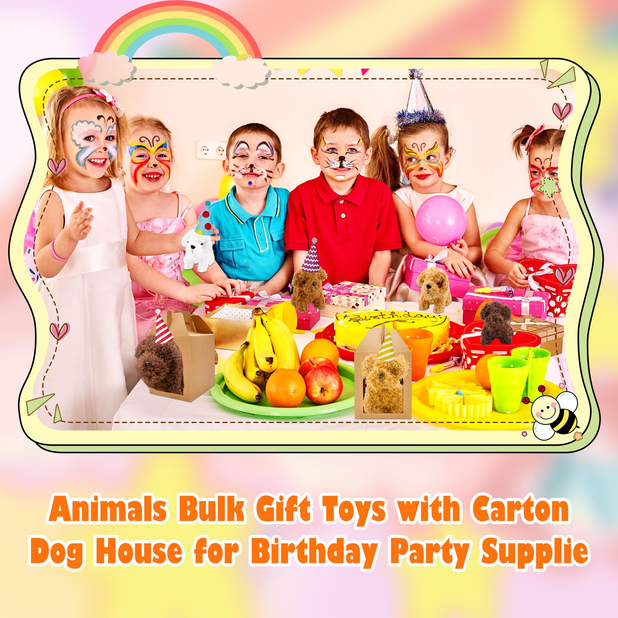 Haconba Juego de 12 recuerdos de fiesta de perro de peluche con 12 mini animales de peluche de peluche, 12 sombreros de cumpleaños y 12 cajas de papel kraft para adoptar una mascota suministros de
