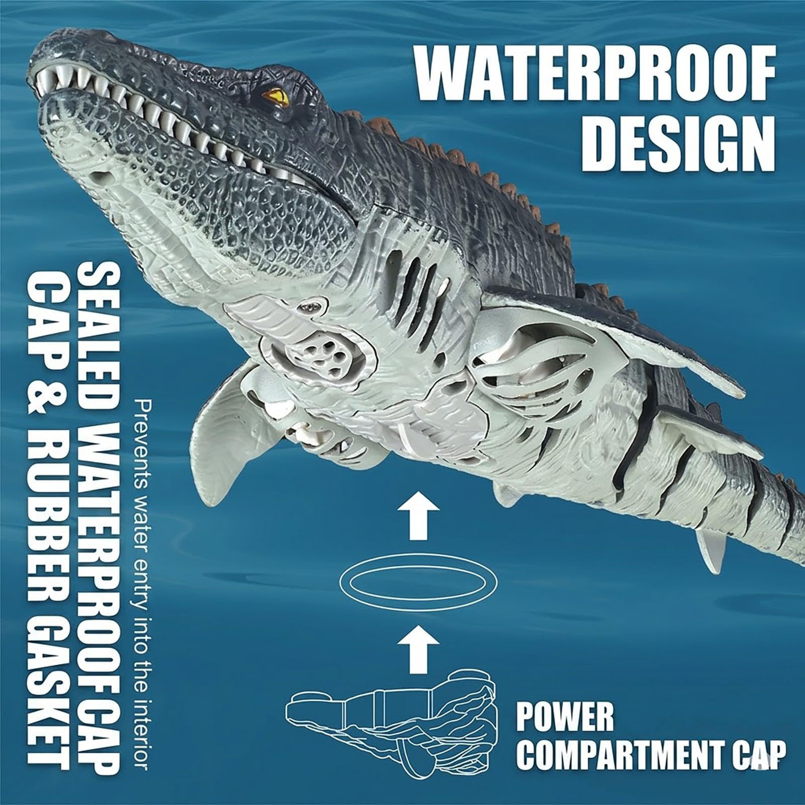 Adius Barca Telecomandata Mosasaurus 2.4GHz, Nuotatore con Luce Spray RC per Bambini, di simulazione Mosasaurus, Piscine e Laghi Giocattolo Spruzzare Acqua (Giallo)