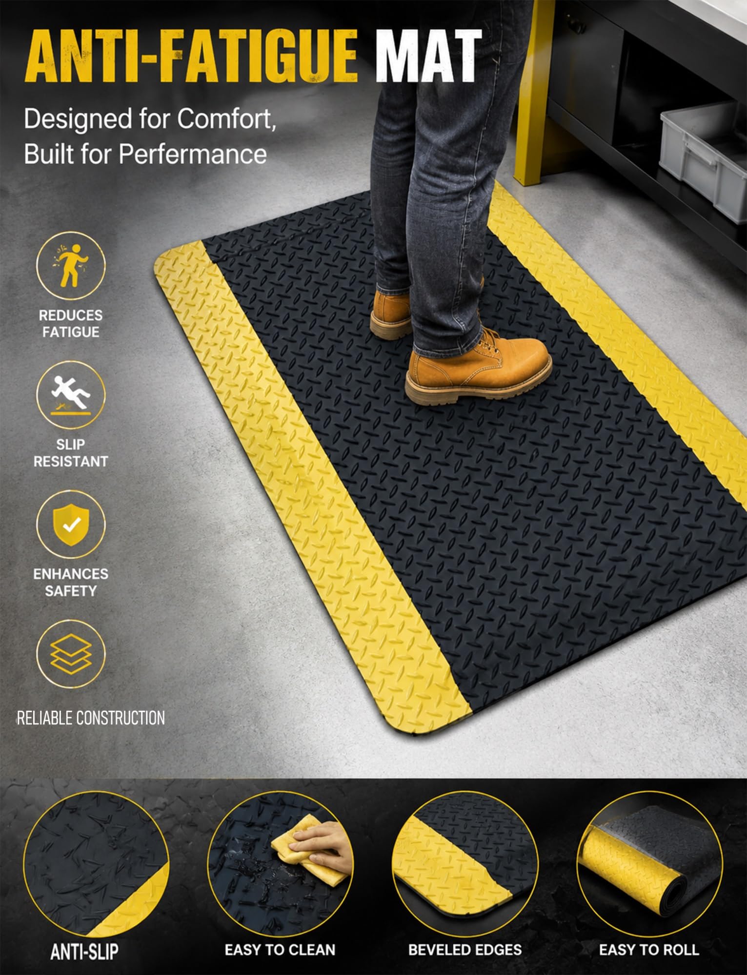 Alfombrilla Antifatiga Industrial 2cm, Diseño Antideslizante | Alivia dolor por estar de pie, apta para taller, almacén, puesto de trabajo，antiestática(Black-Yellow,45x60cm)