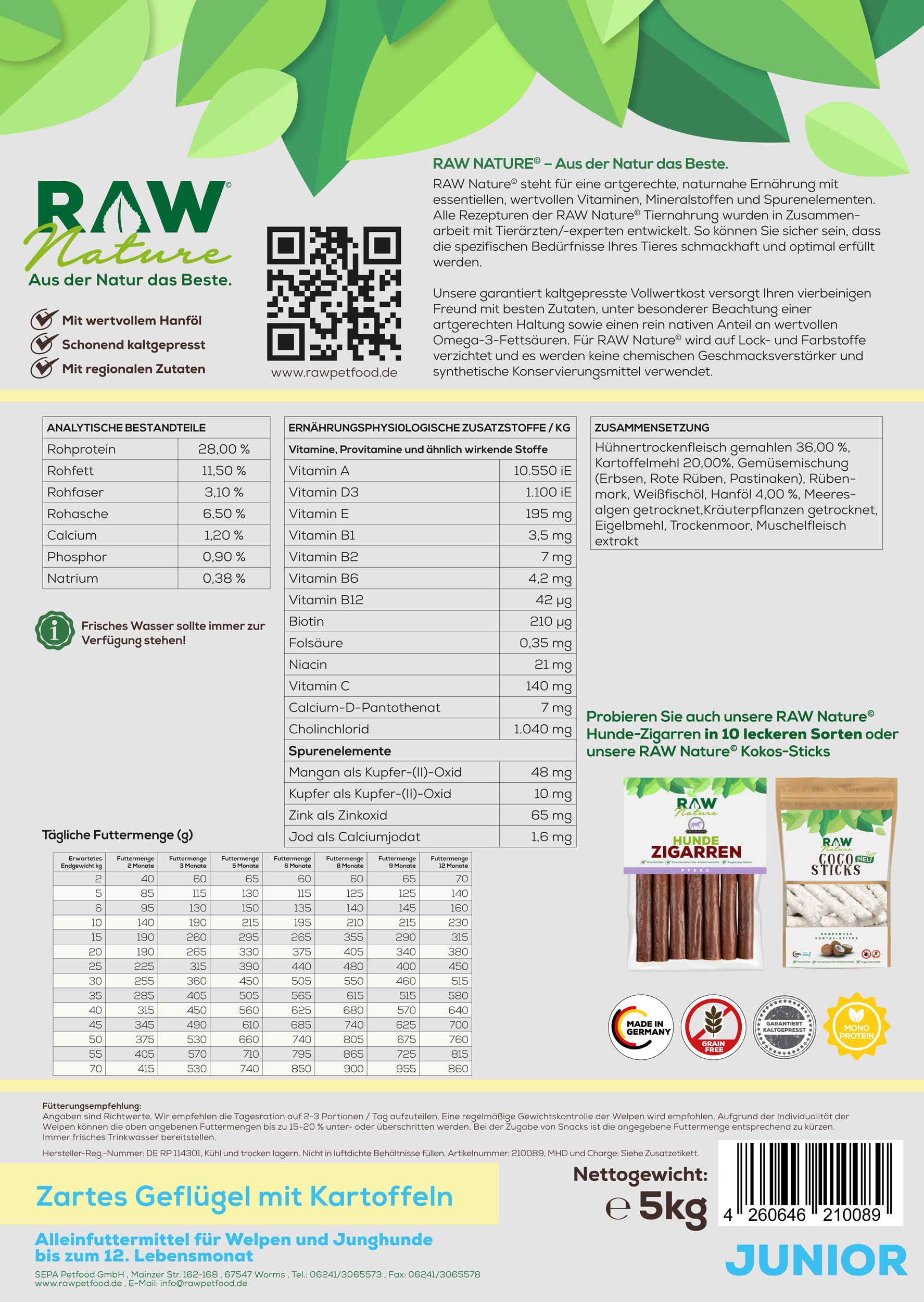 RAW Nature Trockenfutter JUNIOR mit Huhn 12kg, kaltgepresstes Hundefutter, Getreidefrei, 100% Muskelfleisch, hoher Fleischanteil, ohne künstliche Zusätze, für alle Rassen und Sensible Hunde geeignet