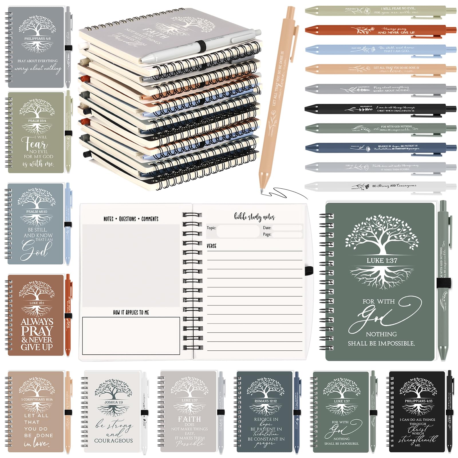 Kosiz Lot de 80 journaux de prière en vrac avec stylos, couleur bohème | Cahier à spirale arbre de vie pour homme et femme, avec versets de la Bible, cadeaux religieux pour église