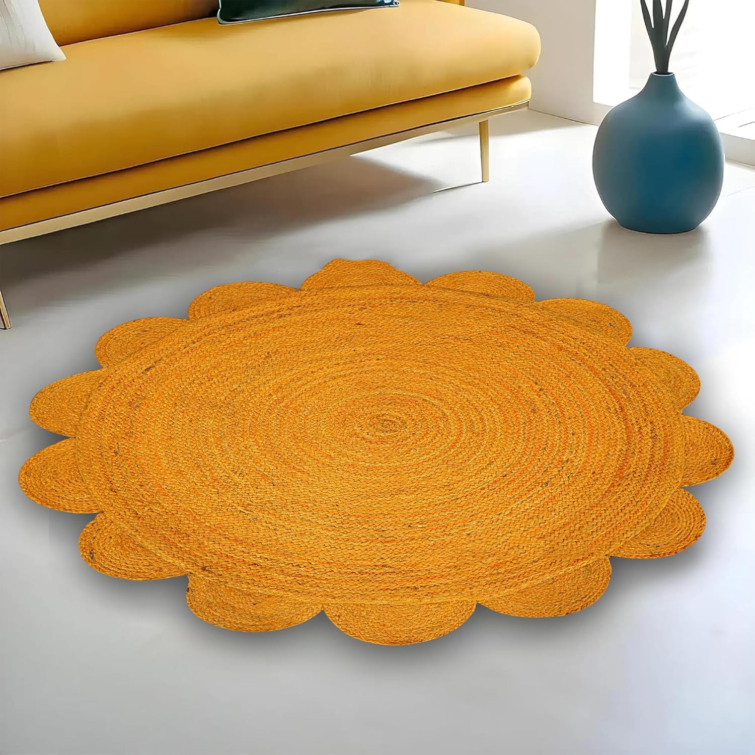 Mrida Weave Handwoven Scalloped Jute Area Rug – Natural Floor Carpet Mat for Living Room, Bedroom, Dining & Entryway Home Décor- 3x3 Feet Round (91 cmx91 cm) - Yellow