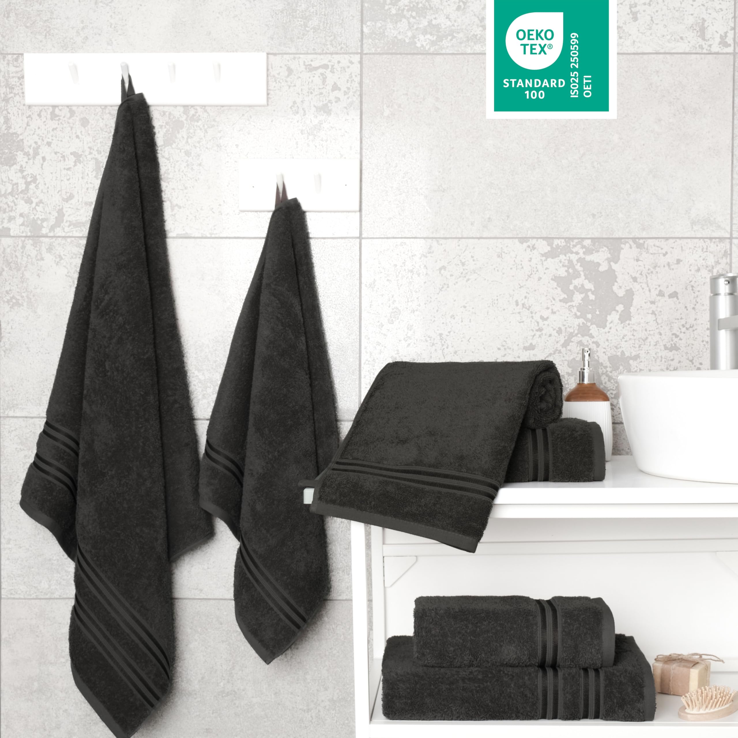 Hammetex 6er Handtücher Set – 2 Badetücher 70x140 cm & 4 Handtücher 50x100 cm – 100% Baumwolle Frottier – Oeko-TEX Zertifiziert – Weich, Saugstark - mit Aufhänge, Anthrazit