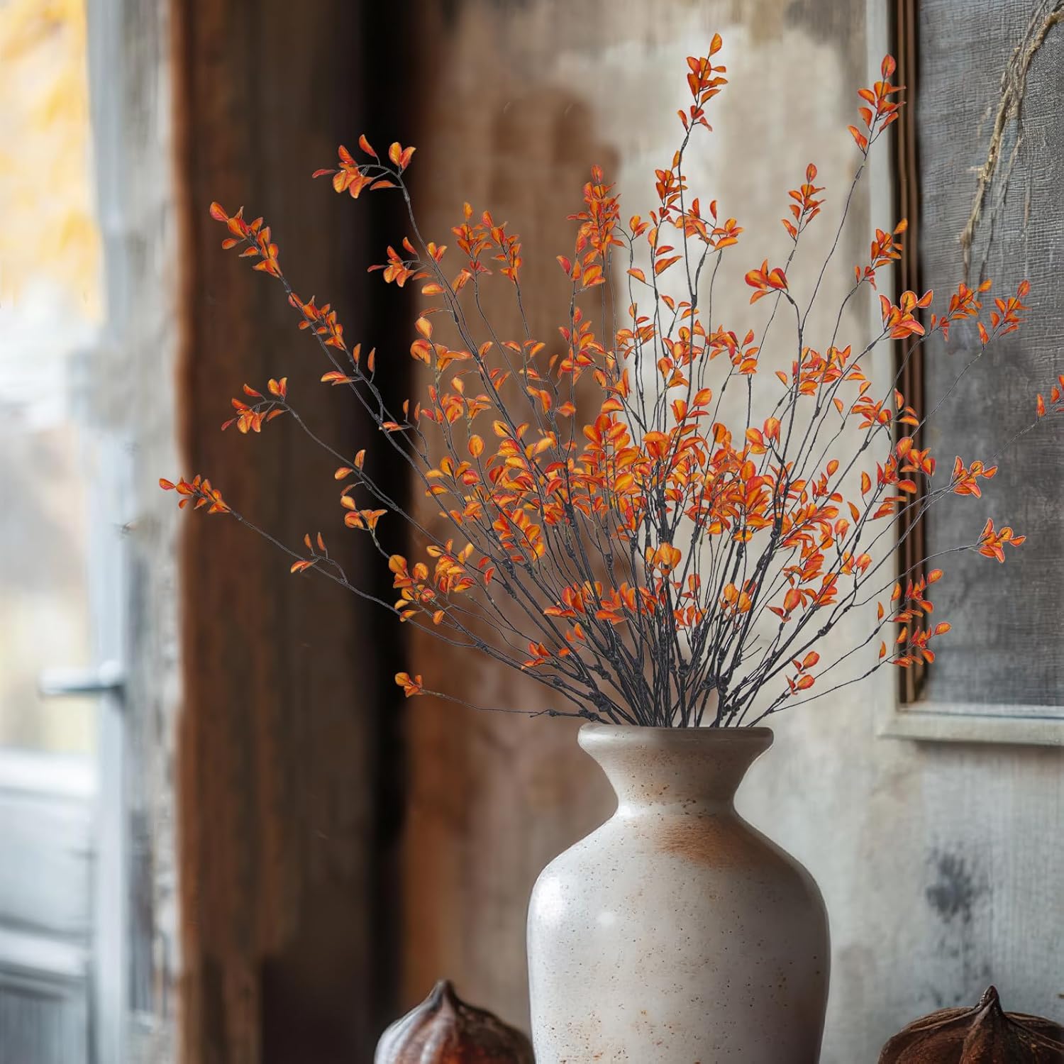 4 Pcs Artificial Greenery Stems Plants 35.4" Faux Branches for Vase Filler Fake Ficus Twig Plants Orange Leaves for Home Office Party Wedding Shop Autumn Fall Decoration - Image 6