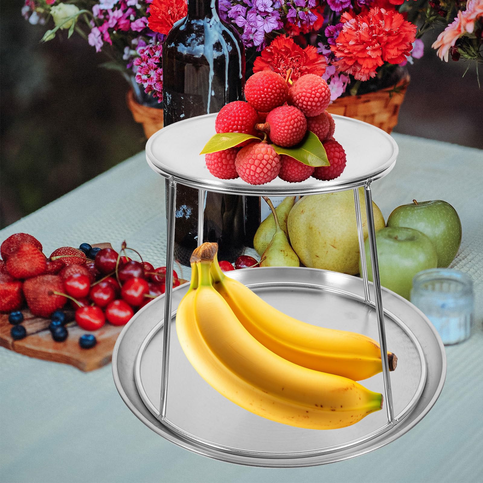 Abaodam Bandeja de Acero Inoxidable para Servir Mariscos Doble Capa, Soporte Resistente y Diseño Moderno para Bodas y Fiestas