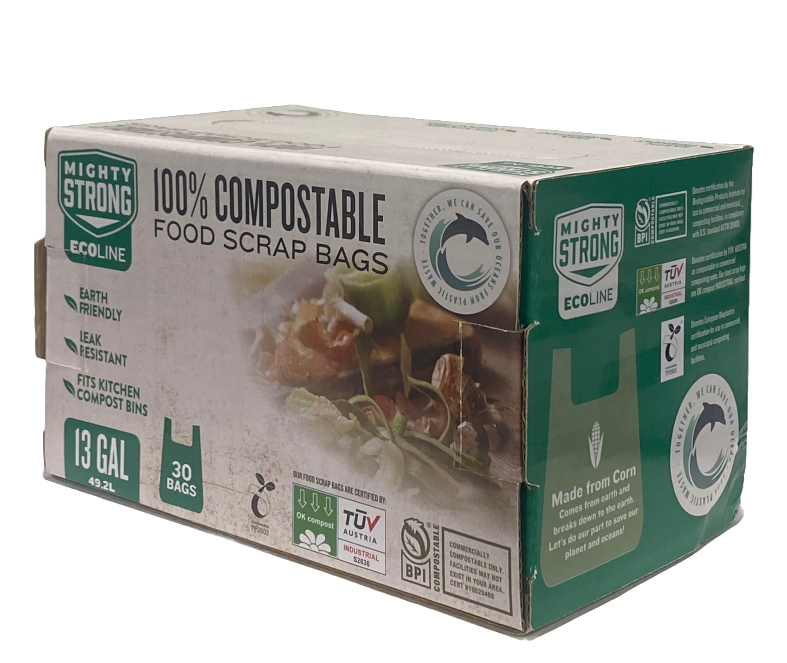 MIGHTY STRONGCompostable Trash Bags 13 Gallon With Handles - 30 Count Biodegradable Trash Bags, 13 Gallon Trash Bags, Certified By BPI And OK Compost, Food Scrap Garbage Bags 13 Gallon Tall Kitchen