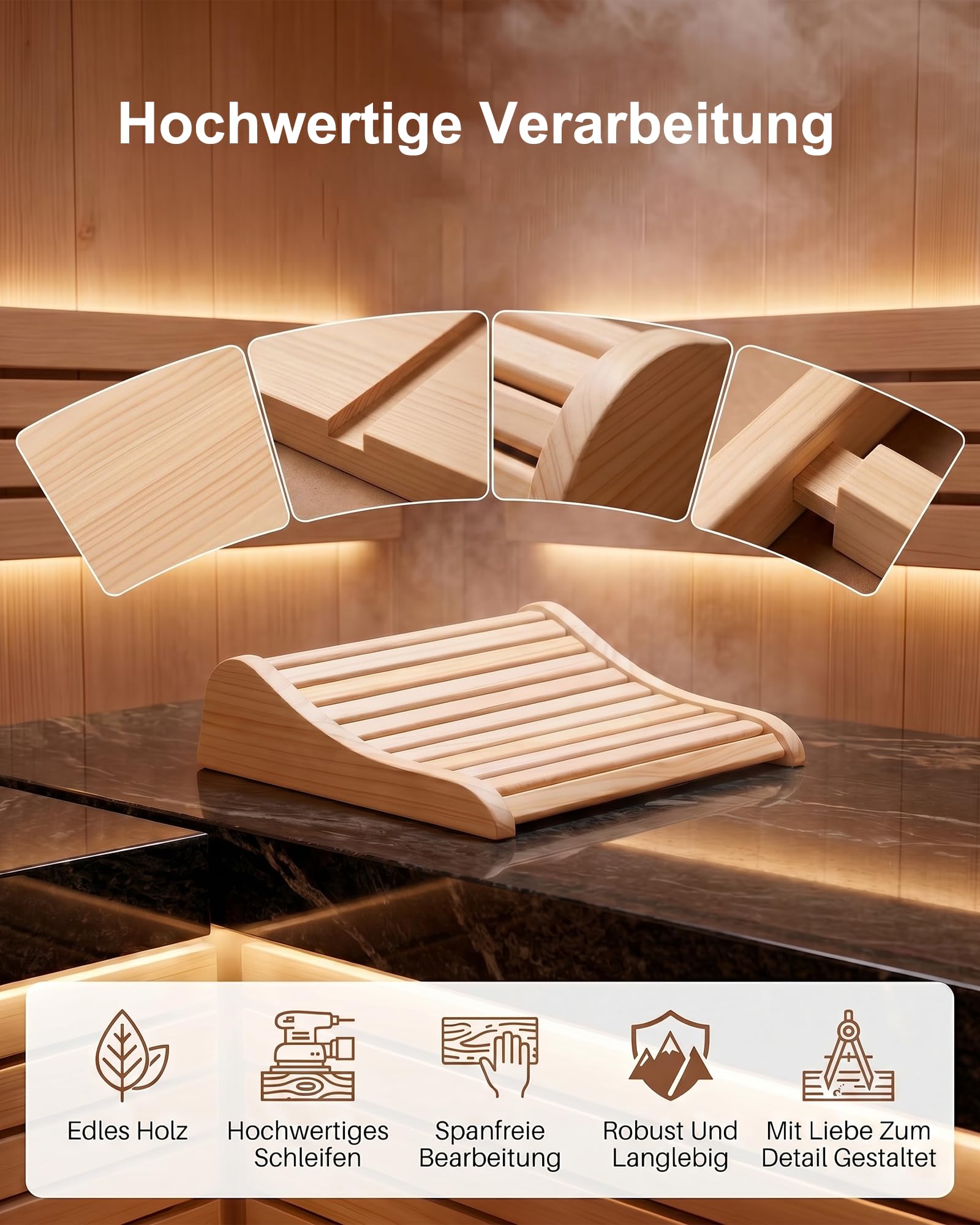 2 Stück Sauna Kopfstütze Holz, Ergonomisches Saunakopfstütze mit Anti-Rutsch Basis & Optimale Belüftung, 37x33x10cm Kiefernholz Nackenstütze für Finnische Sauna, Infrarotkabine & Dampfbad