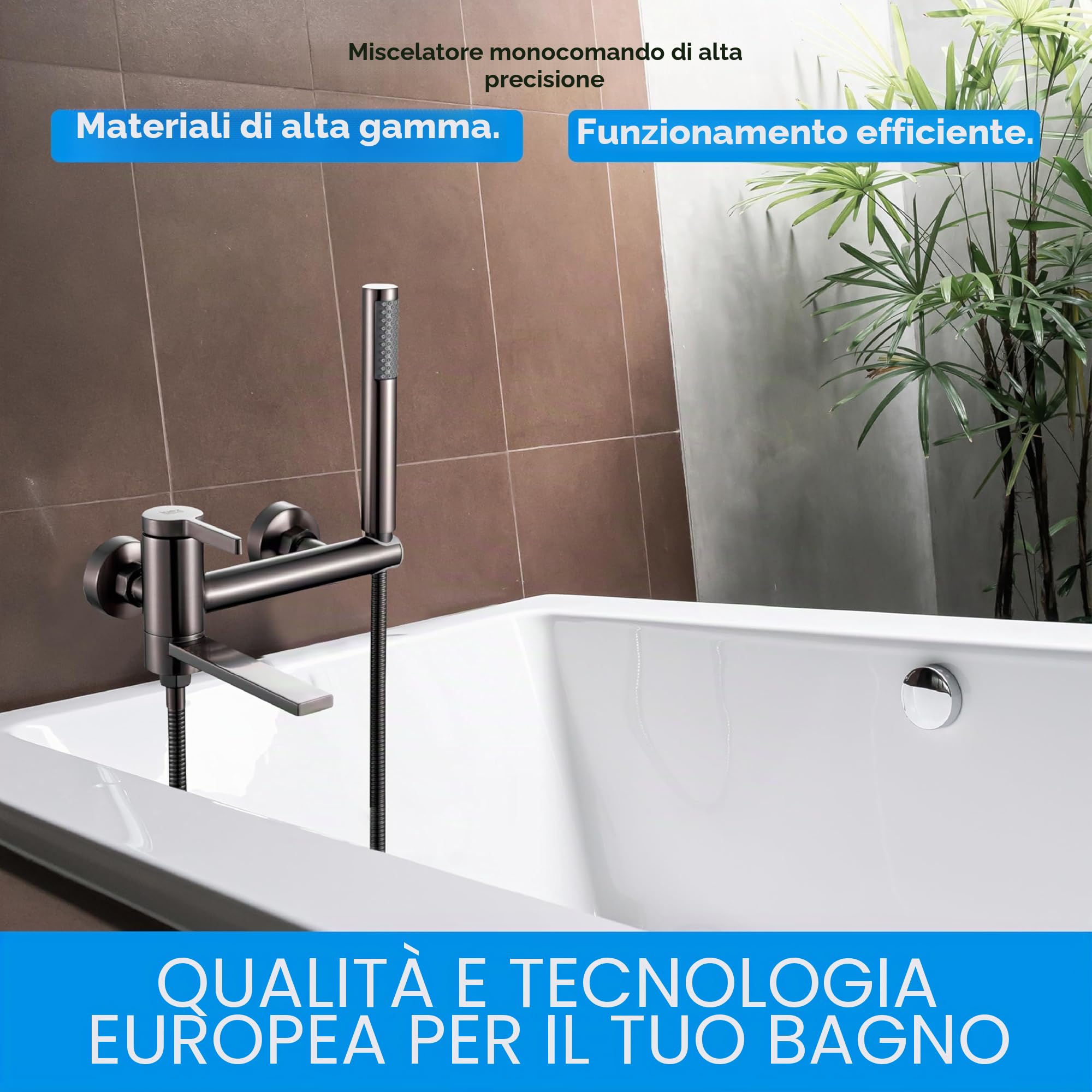 INEX Europa Rubinetto per vasca e doccia a leva singola, modello ED 5555 BS Gry. Include soffione doccia portatile cilindrico, tubo flessibile da 175 cm e supporto rotante integrato.