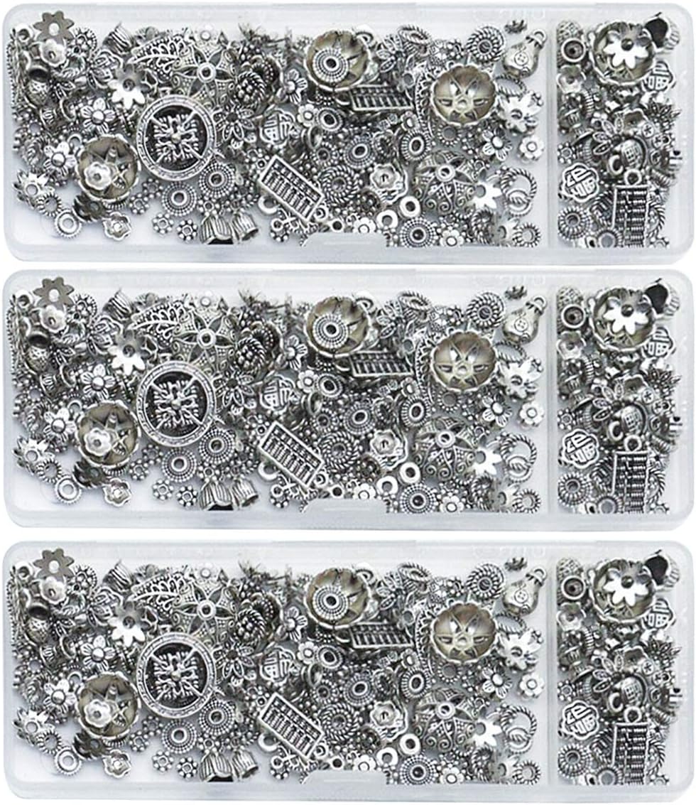 3 Box Silver Spacer Beads, 4 Styles Silver Ball Bali Spacer Beads Jewelry Findings Accessories for Bracelet Necklace Jewelry Making (Mixed-2)