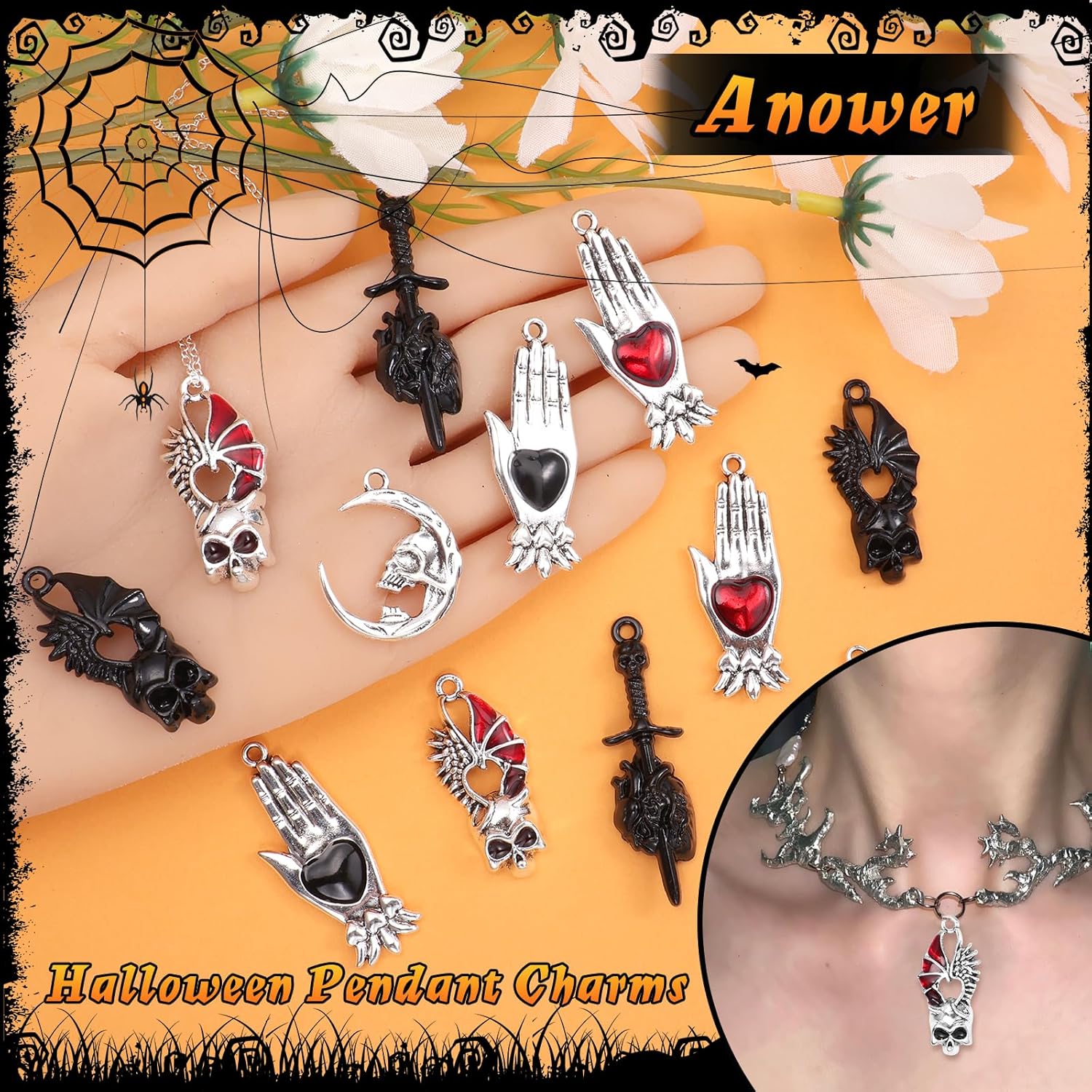 Anower 12 Pcs Halloween Charms for Jewelry Making, Moon Skeleton Head Hand Gothic Style Halloween Pendant Charms for Necklaces Bracelets Earring Keychain Terror Punk Charm DIY Crafts - Image 5