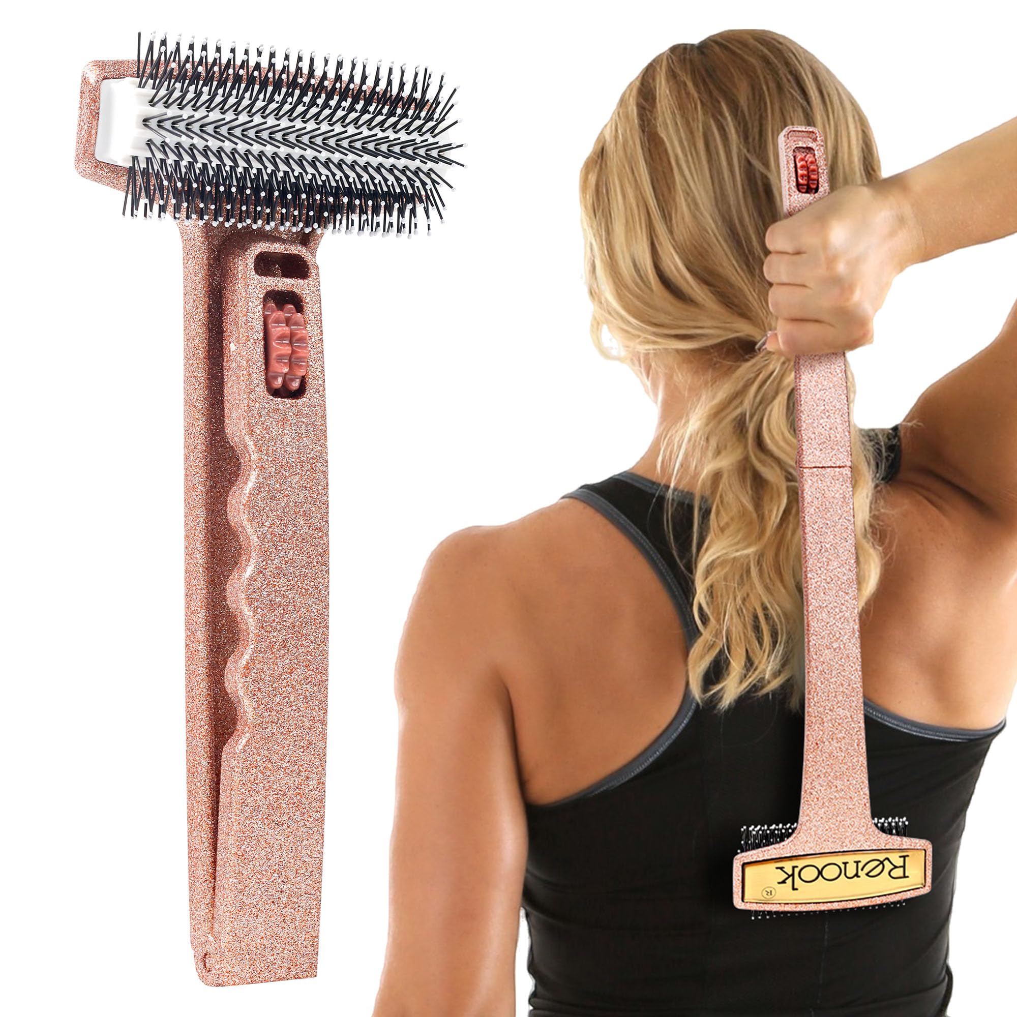 Renook Back Scratcher Extendable, 17'' Shiny Champagne Foldable Back Scratcher with Massage Rollers for Men/Women, Curved and Long Handle full Body Itch Relief, Thoughtful Gift for Women/Girls/Mother.