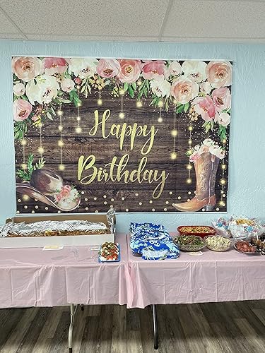 Miniatura 2 de Cowgirl - Telón de fondo de feliz cumpleaños de 7 x 5 pies, diseño de sombrero occidental, diseño floral, color marrón, rústico, madera, bohemio,