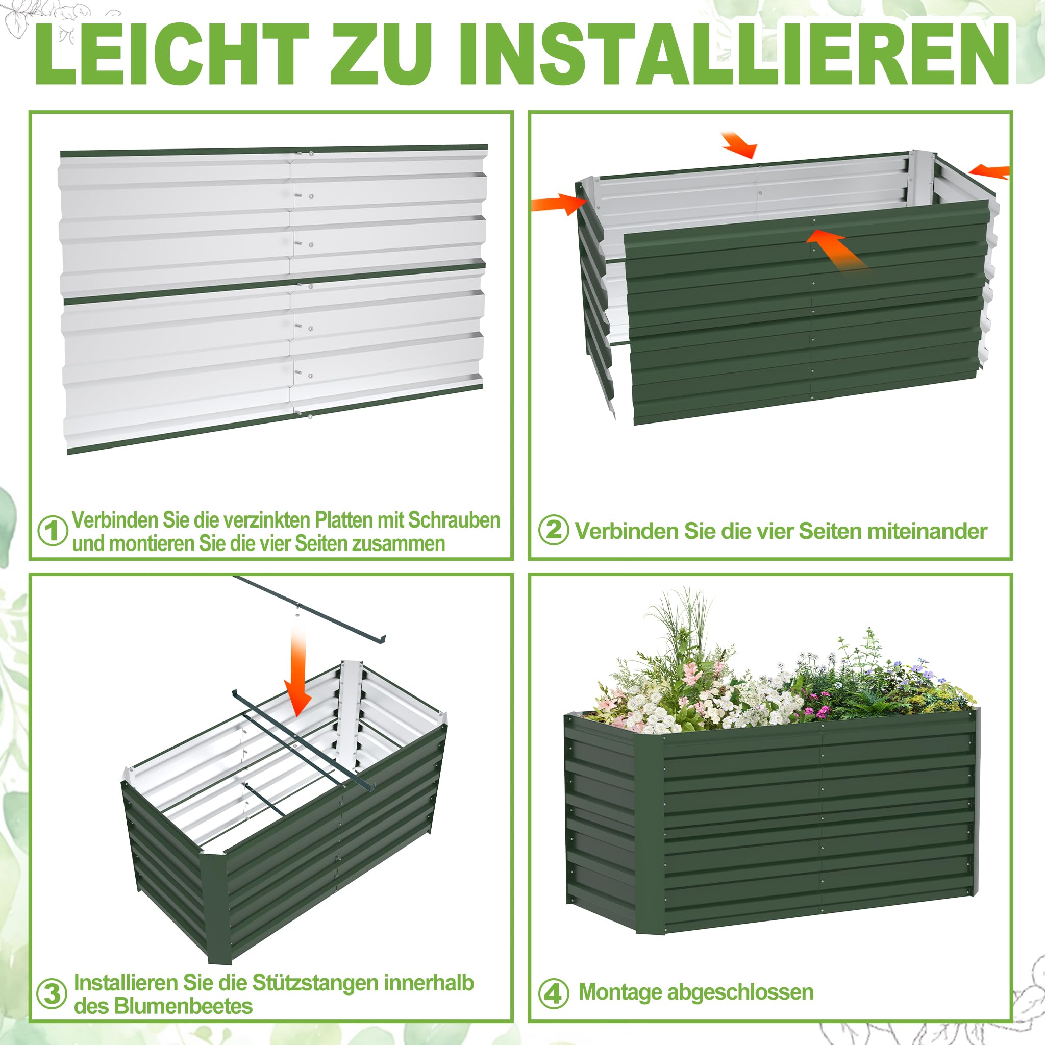 XMTECH Podwyższona grządka metalowa, 180 x 90 x 58 cm, prostokątna, zielona – ocynkowana grządka ogrodowa ze stali, nierdzewna i odporna na warunki atmosferyczne, do warzyw, ziół i kwiatów – skrzynka