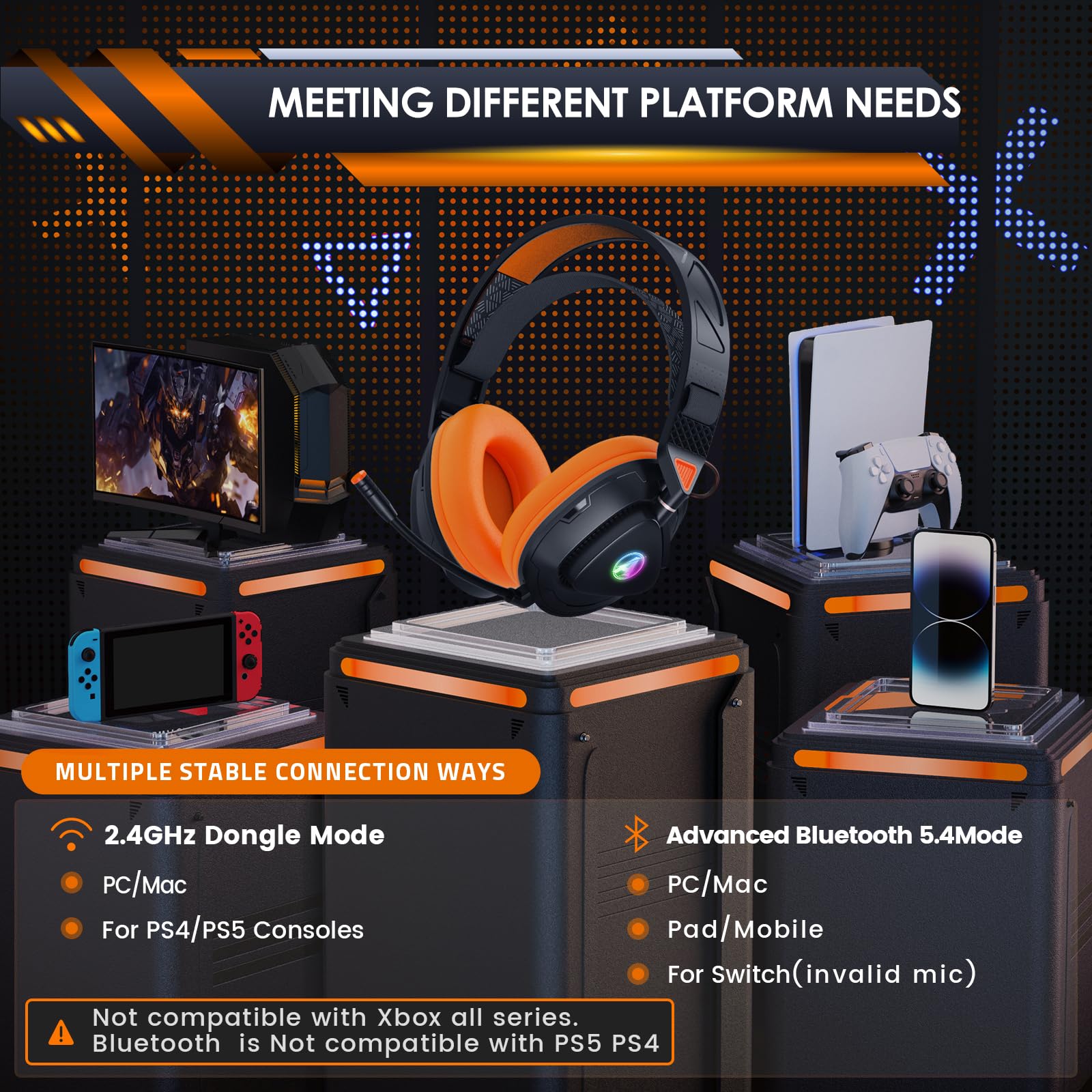 PH3 Kabelloses Gaming Headset für PS5, PS4, PC,Bluetooth-Kopfhörer mit 50 Stunden Akku, Gaming-Headset mit Mikrofon mit Geräuschunterdrückung,RGB Licht, Hellorange