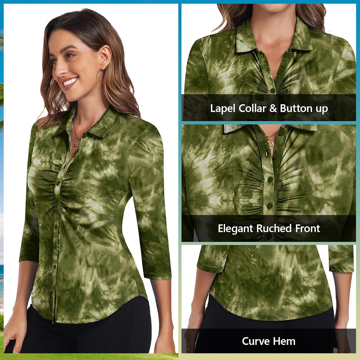 Soneven Women's 3/4 Sleeve Golf Polo Shirts V Neck Ruffle Sleeve Dressy Tops Casual Work Tunic Blouses - Image 3