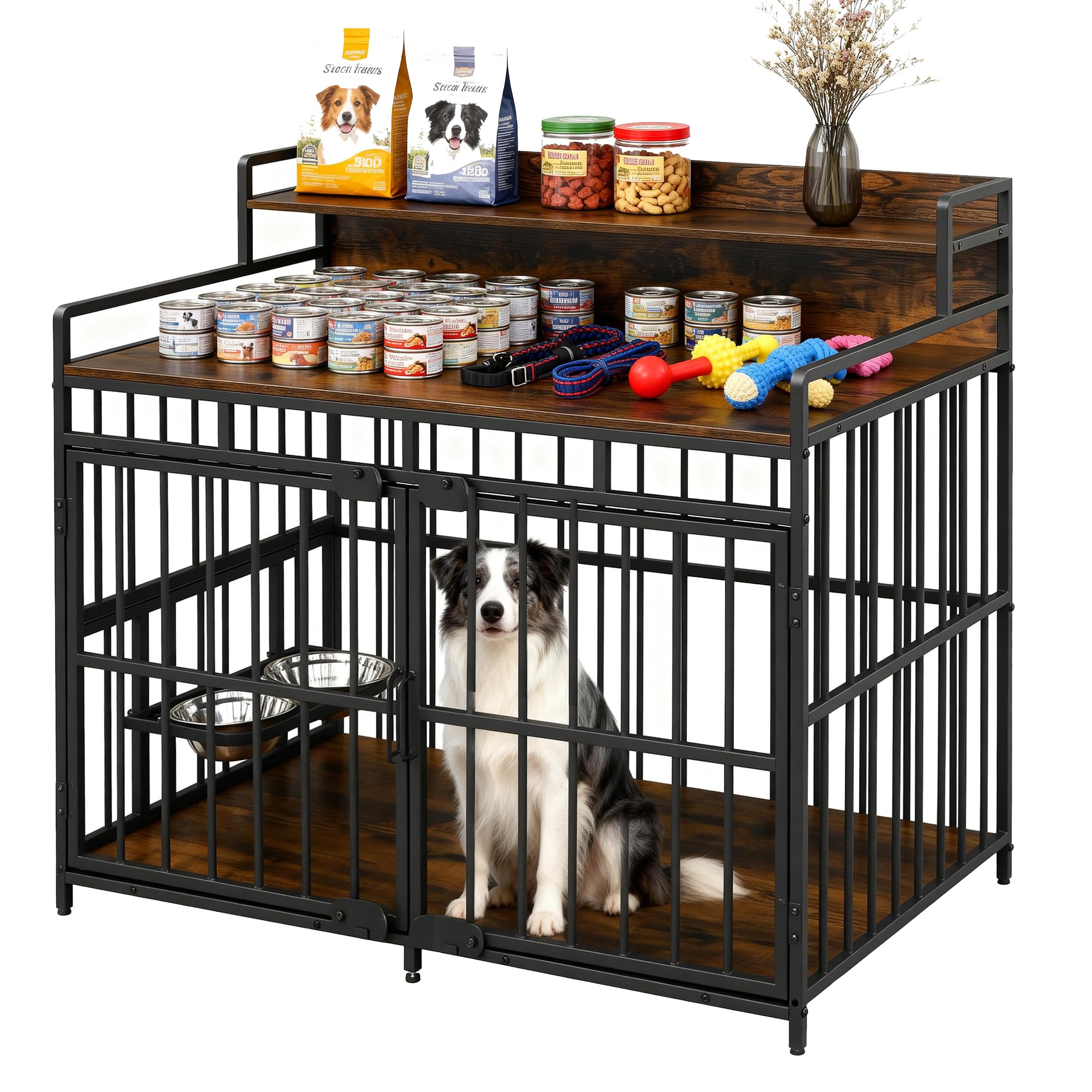 Large Dog Crate with Storage, Dog Crate Furniture with 360° & Adjustable Raised Feeder, Heavy Duty Dog Cage large Steel & Waterproof, Brown