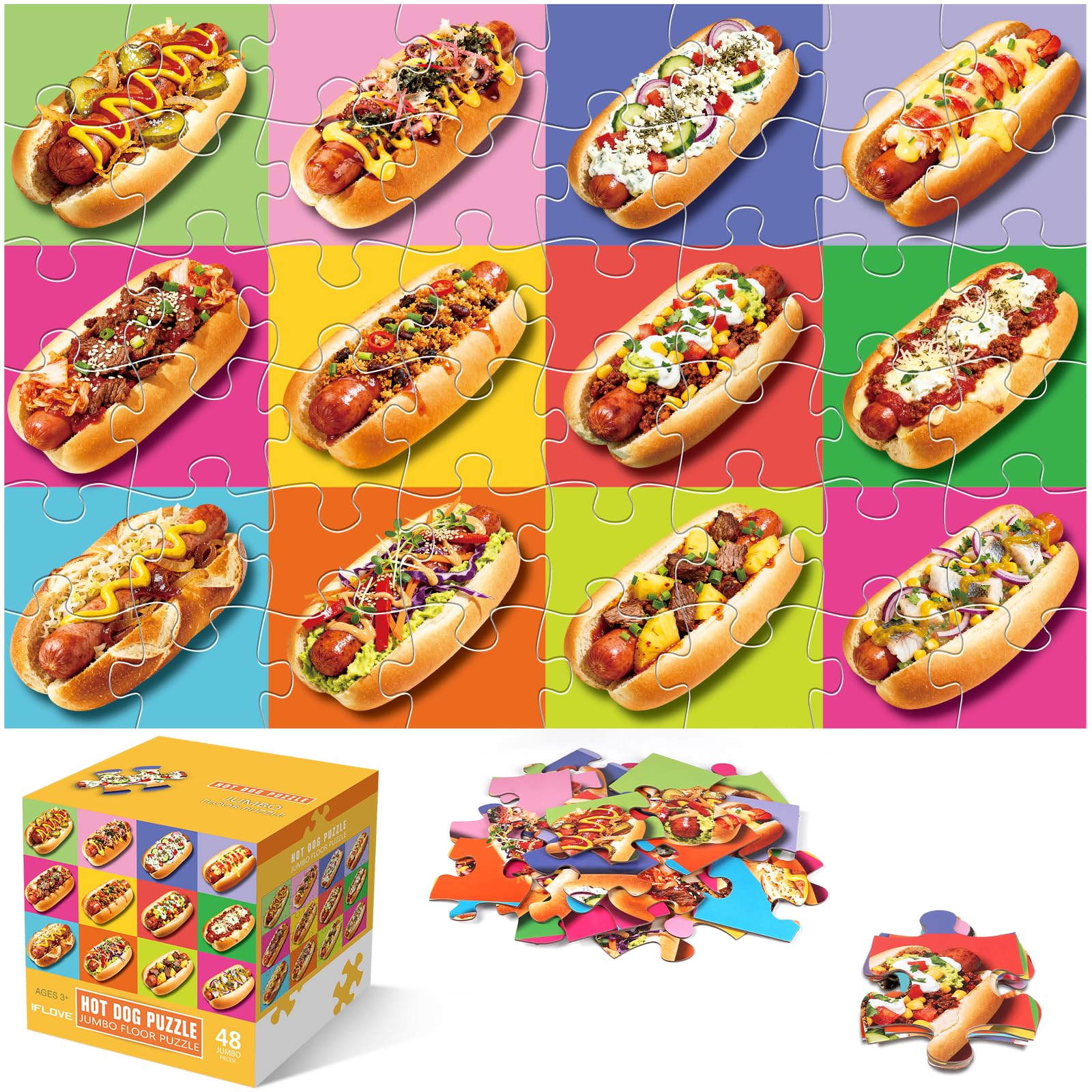 Jumbo Floor Puzzle for Kids,48 Hot Dog Pizza Jigsaw Puzzles,Learning Educational Foods Toys for Toddlers Ages 3-5,Colorful Design Children Gift for Boy Girl Ages 4-8
