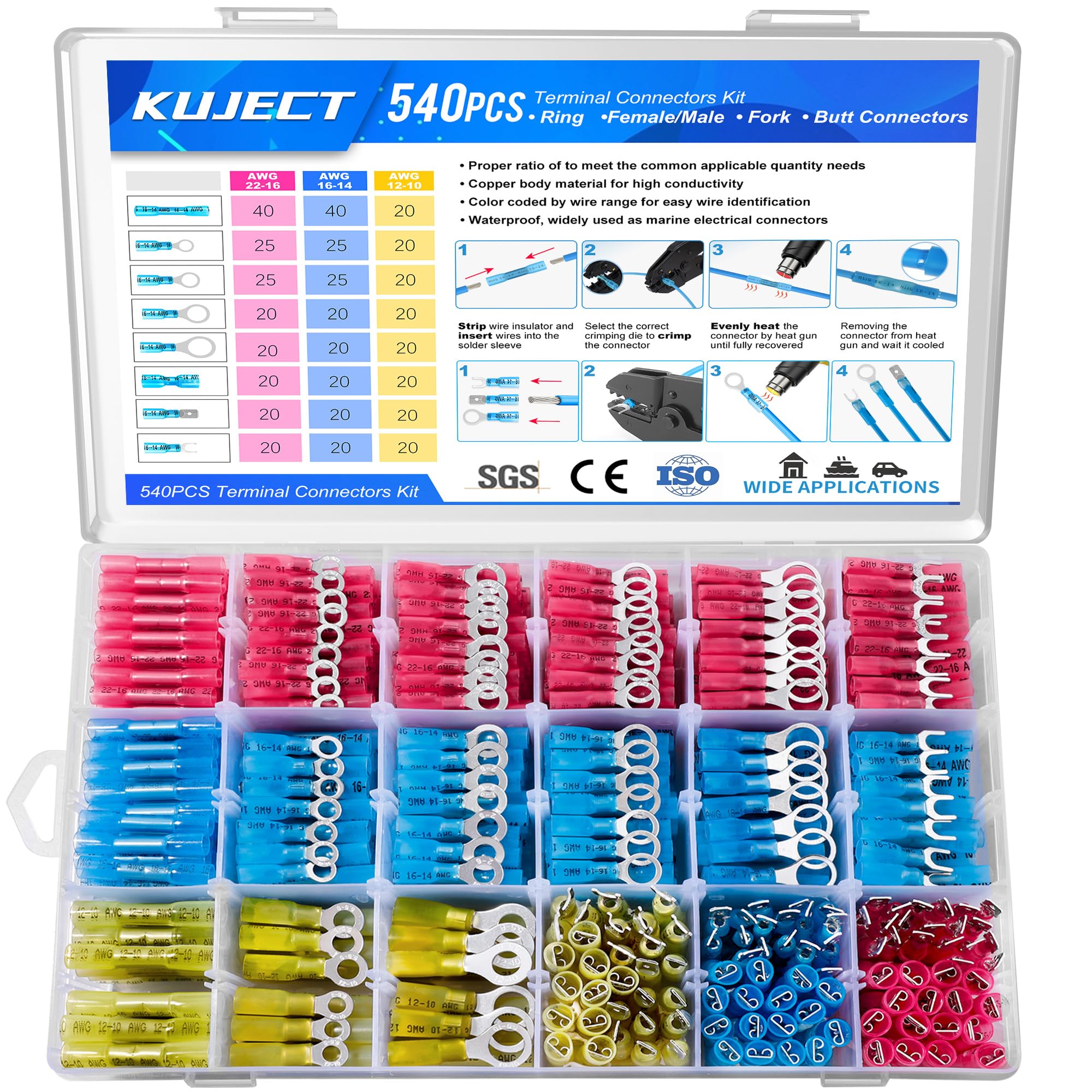 Kuject 540PCS Heat Shrink Wire Connectors Kit, Electrical Waterproof Crimp Butt Terminals, Insulated Spade Connectors for Automotive Marine Boat Truck