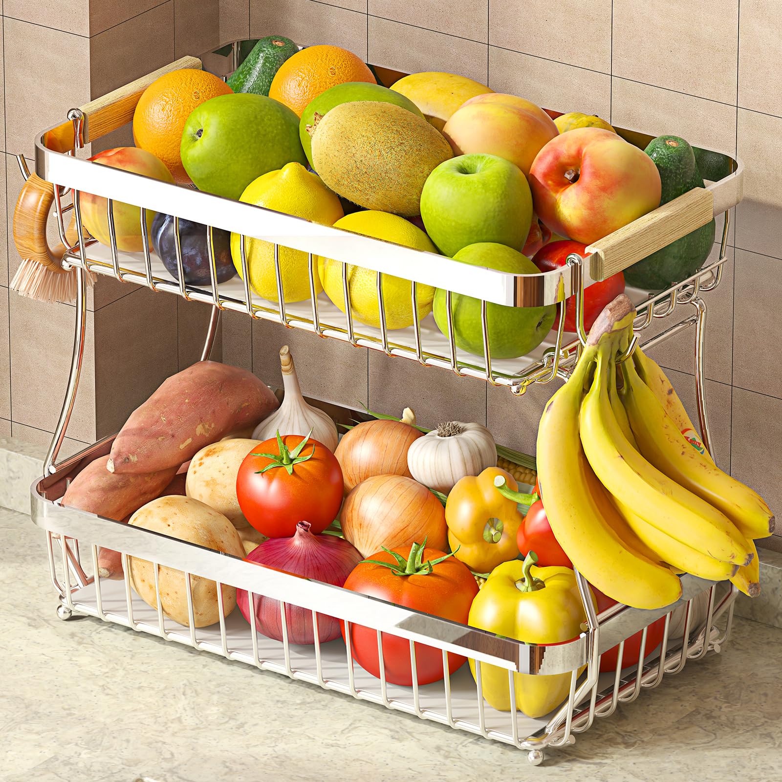 Fournine 2 Tier Extra Large Fruit Bowl Basket with 2 Banana Hanger, 2026 Pro Kitchen Countertop Organizer for Fruits, Vegetables, Snacks, Metal Vegetable Storage Rack with Banana Holder, Silvery