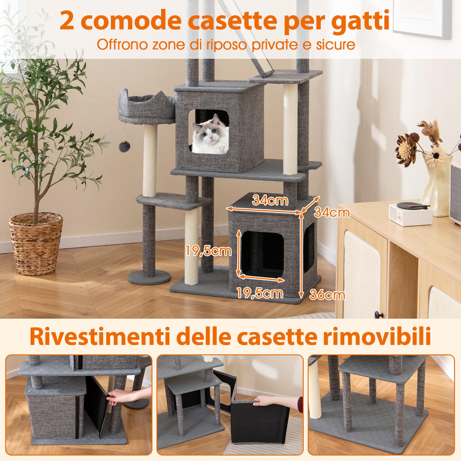 COSTWAY Tiragraffi per Gatto Alto 180 cm, Albero Tiragraffi Gatto con 8 Piattaforme, 4 Pali Sisal e 2 Palline Pompon, Torre Tiragraffi per Gatti con 2 Condomini Rimovibili, Grigio