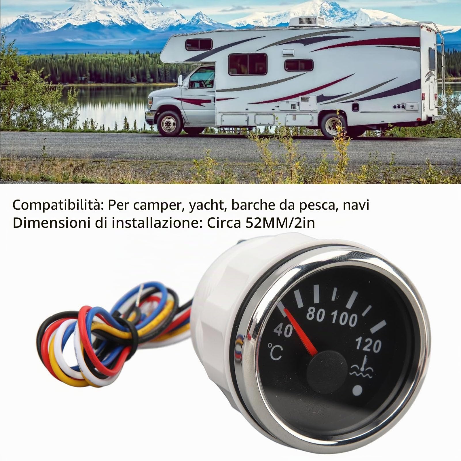 Indicatore della Temperatura Dell'acqua, 52MM da 40 a 120 °C Termometro con Puntatore DC9 a 32V con Retroilluminazione per Camper Yacht Barche da Pesca Navi (Quadrante nero