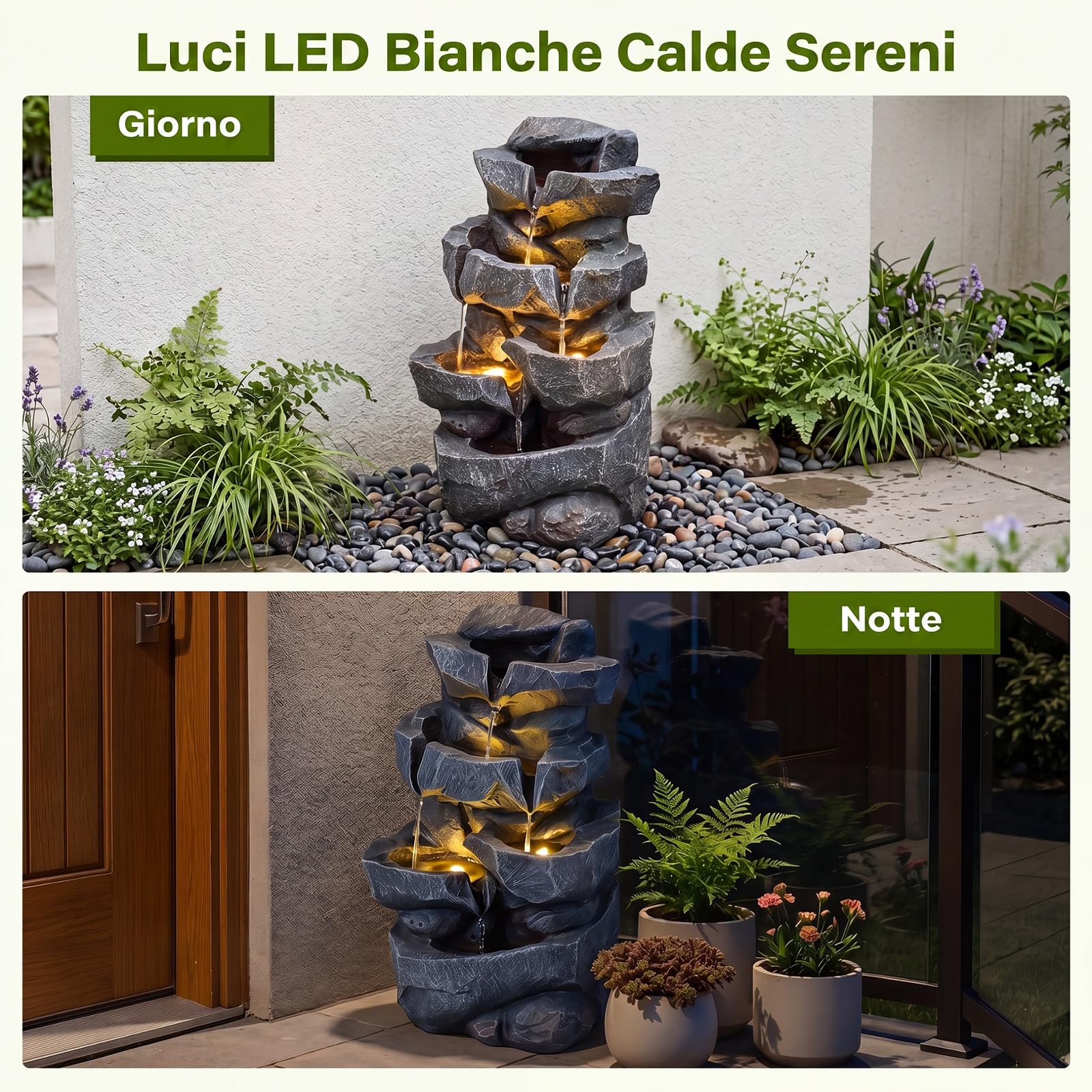 COSTWAY Fontana da Giardino a 5 Livelli, Fontana Cascata da Esterno con Luci e Flusso d'Acqua Regolabile, Fontanella Elettrica a Forma di Roccia con Effetto di Pietra da Terrazza e Balcone