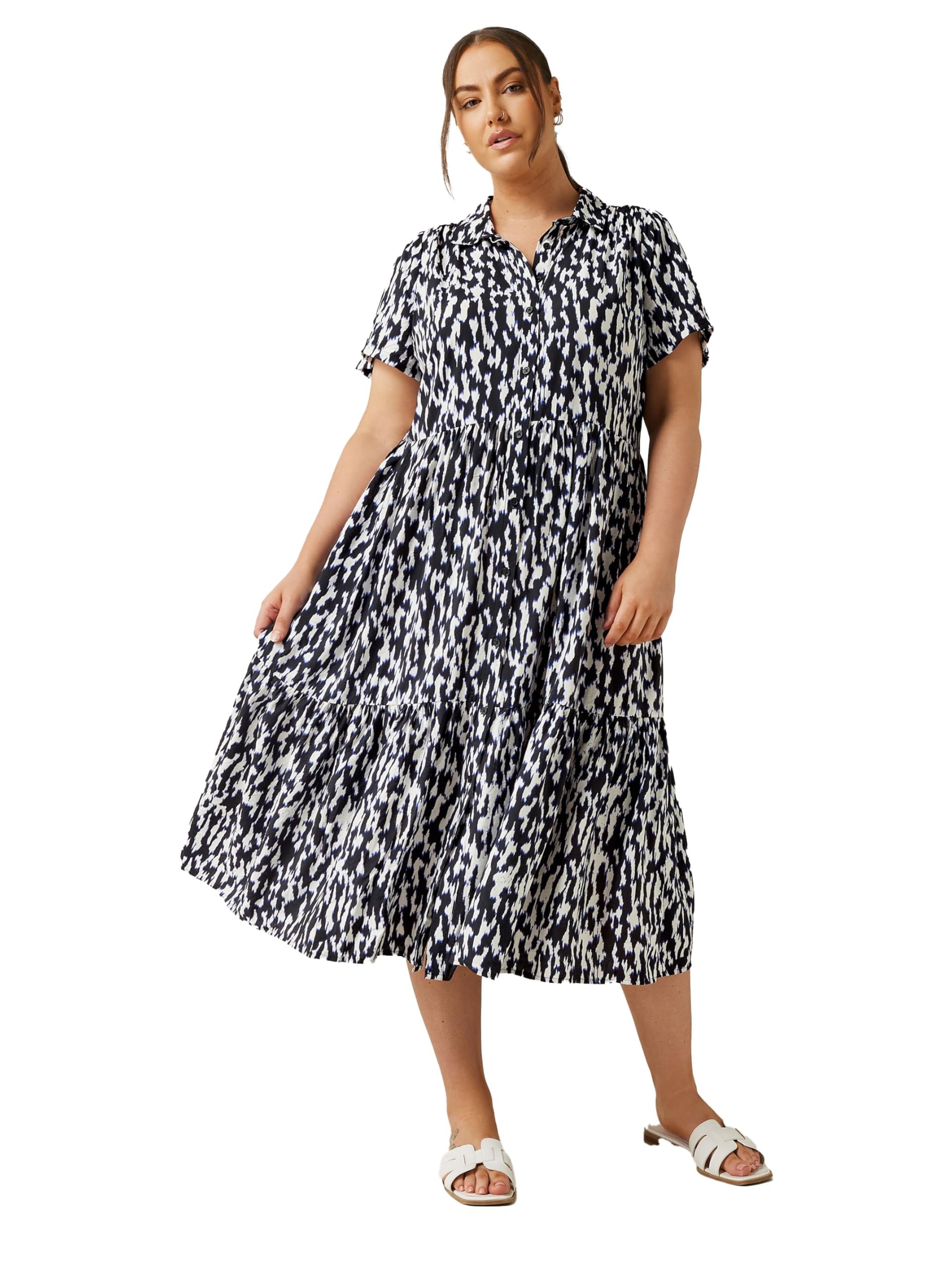 Evans Women's Navy Curve Blue Abstract Print Midi Shirt Dress - Plus Size Curve