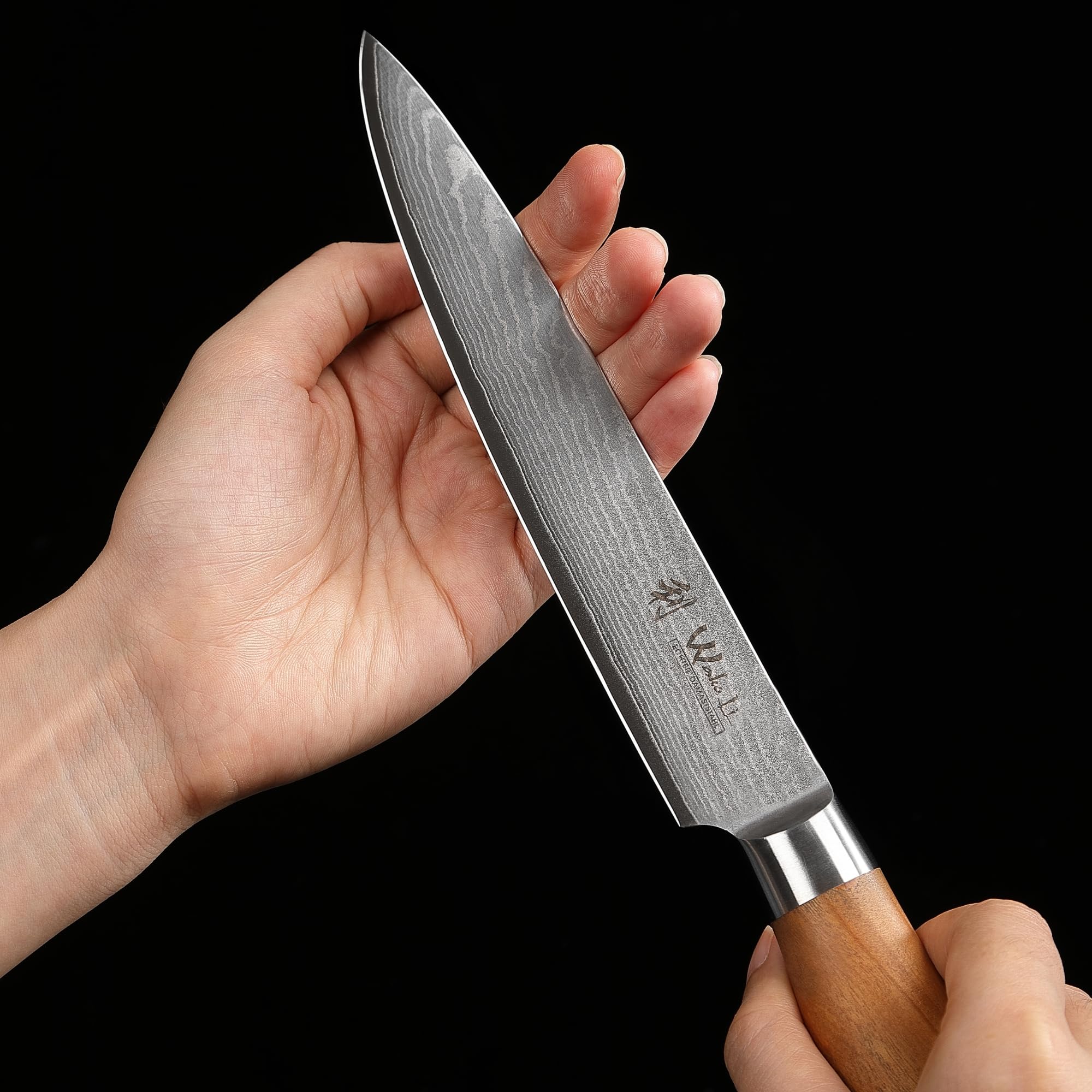Wakoli Olive Tranchiermesser mit 17 cm Klinge aus 67 Lagen Damaststahl mit VG10 Kern, Fleischmesser mit Olivenholzgriff, Damastmesser in Geschenkbox für Fleisch und feine Schnitte