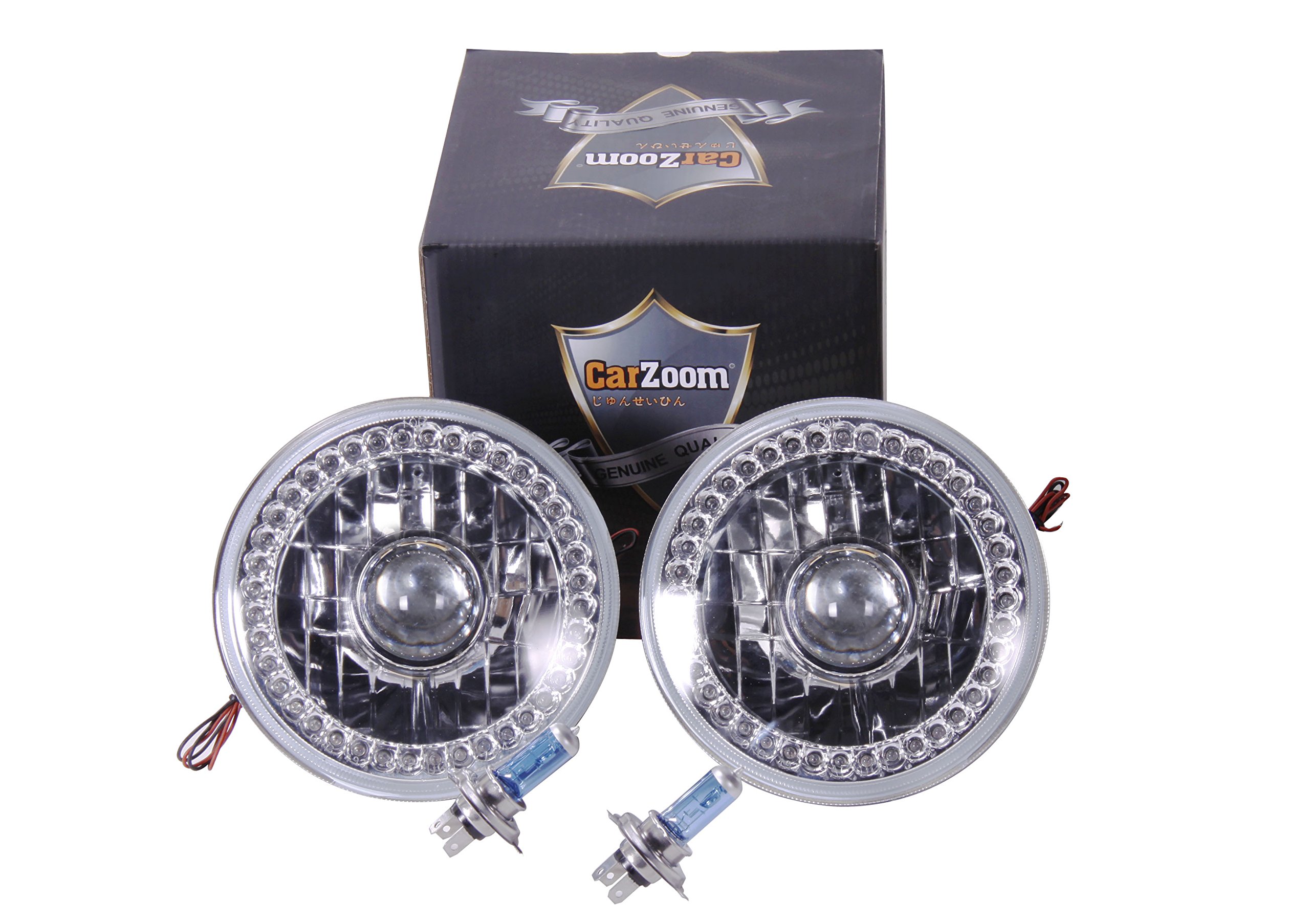 CZ-7R226R Black 7" Round Plastic H4 Halogen Headlight with Projector - Pair (Red Full Split LED)