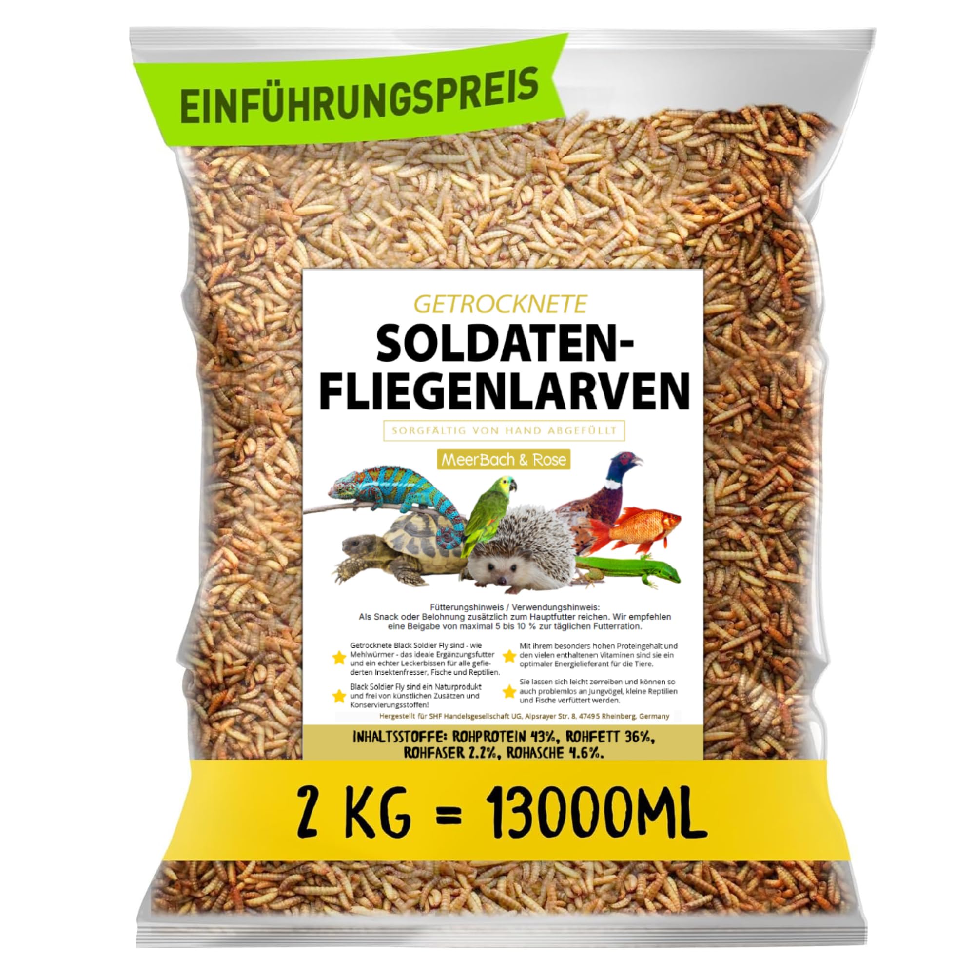 Larvas de mosca de soldado secas 2 kg (equivalente a 13 litros) Alimento para pájaros, erizos y peces, aperitivo rico en proteínas