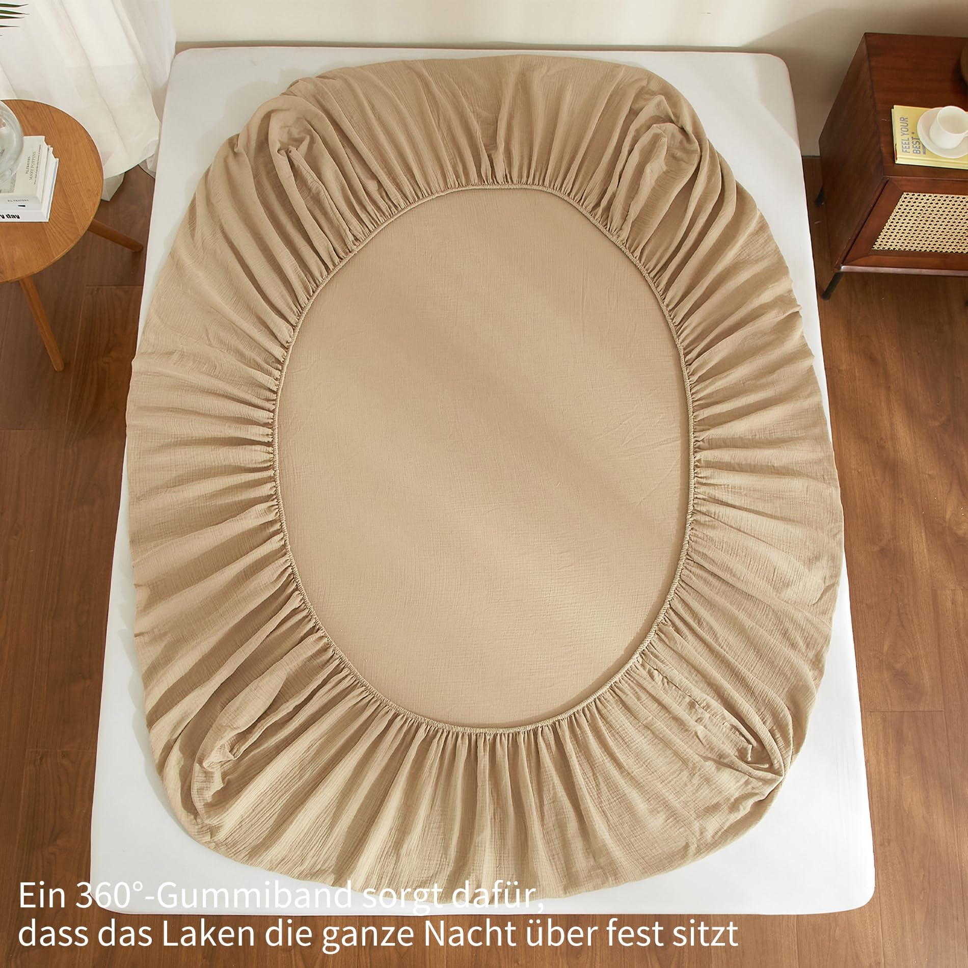 Sábana bajera ajustable doble de muselina de 180 x 200 cm, 100 % algodón, color caqui, 180 x 200 cm, de algodón, suave, transpirable, acogedora, adecuada para colchón de 30 cm